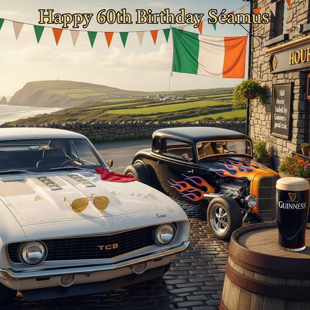 Elvis Camaro , hot rod, Ireland, Irish flag, guiness, and Birthday Card