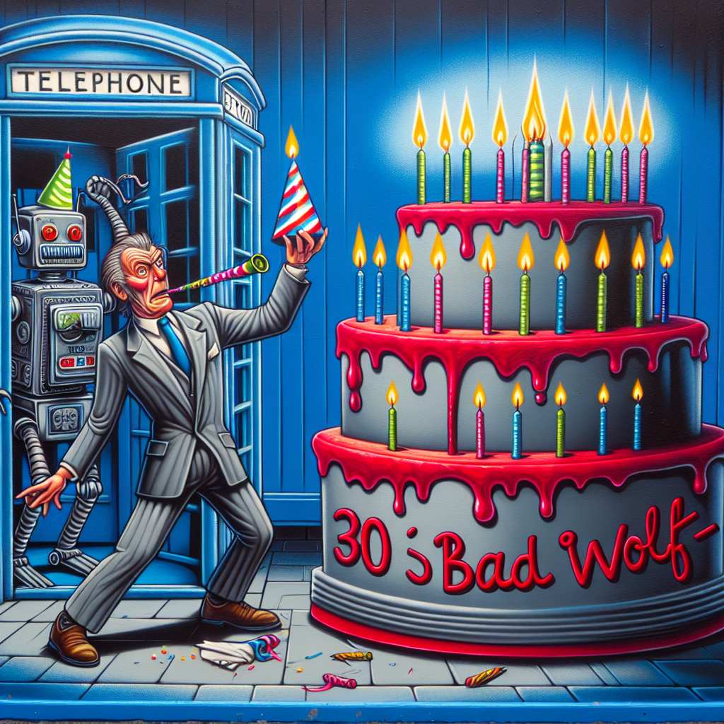 The artwork brings to life a whimsical birthday scene set against an imposing blue vintage telephone booth. A central character, characterized by a sharp suit and a quirky demeanor, is comically trying to blow out a soaring birthday cake lit with 30 teetering candles. Skulking behind the cake, a robot-like creature decked in a party hat is visibly grappling to let out a cheerful jingle using a party horn. The sentence 'Bad Wolf' is flamboyantly written in frosting on the cake, introducing a playful element to the festivity.
Generated with these themes: Dr Who, Tardis, Dalek, Birthday Cake, 30th, and Bad Wolf.
Made with ❤️ by AI.