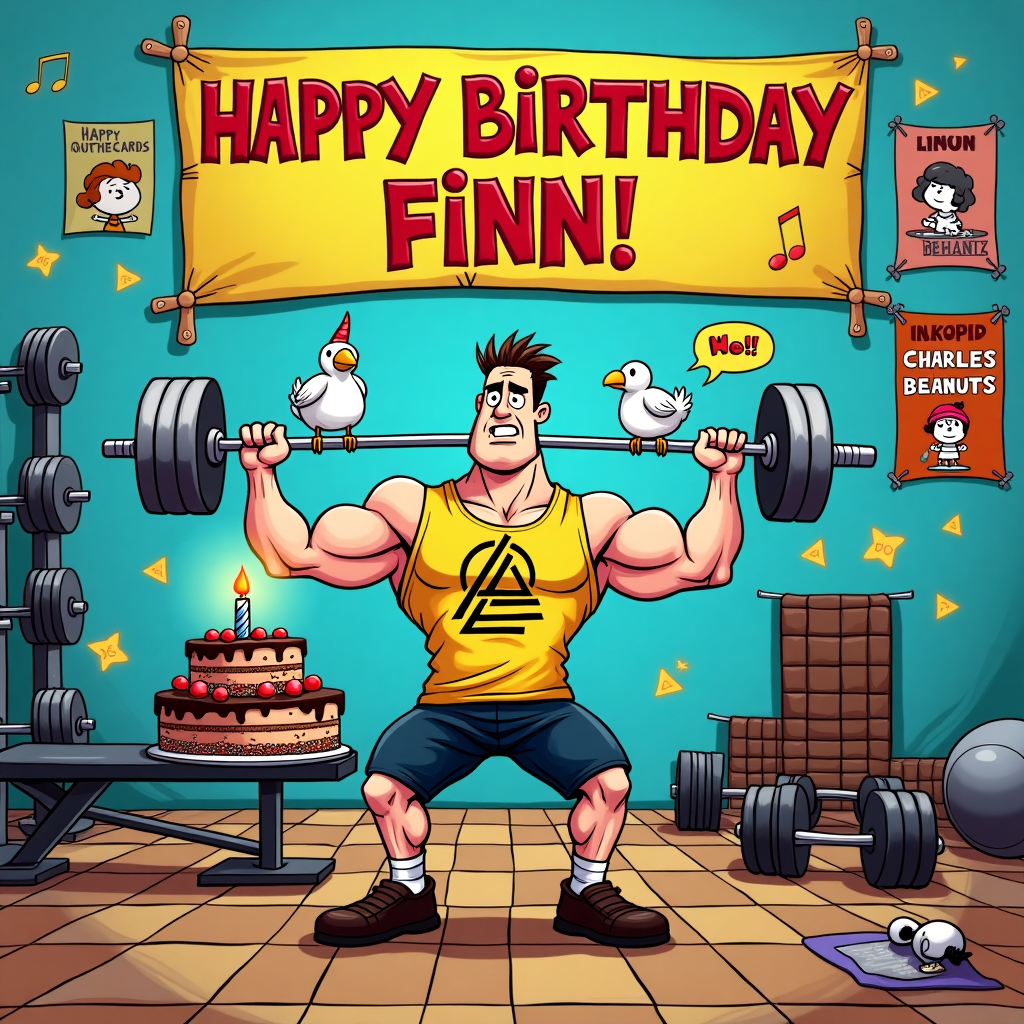 Create a vibrant, cartoon-style birthday card cover where the scene bursts with color and exaggerated features. Picture a whimsical gym setting intertwined with birthday elements, taking cues from iconic comic styles.

**Foreground:**
1. **Main Character**: A comical, muscular cartoon character lifting a barbell. The character wears a sleeveless Linkin Park T-shirt, with the band's iconic logo prominently displayed. The muscles are exaggerated and cartoonish, like those found in superhero comics.

2. **Chocolate Cake**: A towering, multi-layered chocolate cake sits on a weight bench next to the main character. The cake is topped with a single, oversized candle and decorated with rainbow sprinkles, dripping chocolate, and a cherry on top.

**Background:**
1. **Gym Equipment**: Scatter around oversized, colorful gym equipment like dumbbells and exercise balls. The weights have playful faces on them, echoing a comic strip style.

2. **Banner**: Overhead, a brightly colored banner stretches across the gym, with bold letters spelling out "HAPPY BIRTHDAY FINN!" Each letter is uniquely decorated, like a mosaic of various gym-themed patterns, such as dumbbells, music notes (for Linkin Park), and cake slices.

3. **Posters**: The gym walls are adorned with posters. One features a parody of an album cover with chocolate cake imagery and another with a cartoon-style motivational quote, reminiscent of classic gym posters but with a humorous twist.

4. **Cartoon Birds**: In the background, cartoon birds inspired by Charles Schulz's "Peanuts" are wearing tiny sweatbands, holding miniature weights as they flutter around the scene.

5. **Floor and Walls**: The floor resembles a giant chocolate bar with squares and a rich brown hue, while the walls mimic a sky-blue with scattered music notes, reflecting the blend of fitness and music themes.

This card front creates a lively, humorous setting with gym, music, and birthday elements, each with a cartoonish flair to capture the celebratory and playful spirit.
Generated with these themes: Gym, Linkin park , Chocolate cake, and .
Made with ❤️ by AI.