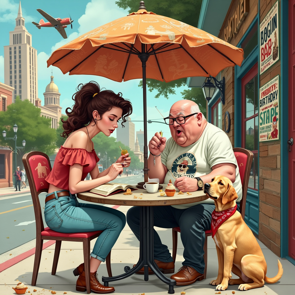 The front cover of the birthday greetings card bursts with whimsical hilarity set in the vibrant cityscape of Austin, Texas. At the center of the scene is a quirky, outdoor café with the distinct charm of Sixth Street. A large, round table sits under a colorful umbrella, adorned with doodles and coffee stains, hinting at countless poetic musings.

Seated at the table is a young brunette woman with a mischievous glint in her eye. She is scribbling furiously in a worn-out notebook, surrounded by a plethora of coffee cups in various states of consumption. Her curly hair is tucked behind her ears, and she's dressed in a bohemian chic style with a quirky twist – think patterned leggings and an oversized, off-shoulder top with a playful graphic of a Labrador in sunglasses.

Across from her, an old bald obese man is snoring loudly, slumped over with his head resting on the table amidst a scattering of half-eaten birthday cupcakes. His t-shirt, straining against his ample belly, has a print of the Austin skyline and the words “Keep Austin Weird”. His glasses are askew, and a coffee cup precariously dangles from his hand, about to spill its contents.

Next to the man, a playful Labrador Retriever with a bandana tied around its neck is attempting to paw open a book titled "Barking Bard: Poems by Pooches". The dog’s expressive eyes and wagging tail suggest that he’s in on the literary fun, ready to contribute his own canine couplets.

The background is a bustling street scene with iconic Austin landmarks like the Frost Bank Tower and the Texas State Capitol peeking through. Onlookers include a street musician with a cowboy hat strumming a guitar and a mime performing near a statue. Posters on a nearby wall advertise an upcoming poetry slam, with caricatures of the young woman and Labrador prominently featured.

In the sky above, a small airplane tows a banner wishing a "Happy Birthday!" with whimsical illustrations of coffee cups and cupcakes. A few cartoon birds hover around, seemingly intrigued by the scene below. All these elements combine to create a vibrant, hilarious tableau that captures the quirky essence of Austin, Texas, while celebrating the joy of poetry, companionship, and, of course, coffee-induced slumbers.
Generated with these themes: Writing Poetry, Labrador, Sleeping, Coffee, Austin, Texas, Young brunette woman, Old bald obese man, and Labrador retriever.
Made with ❤️ by AI.