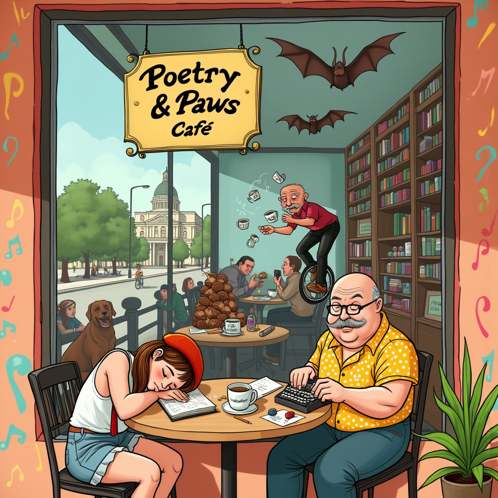 Imagine a whimsical birthday card cover that bursts with personality and intricate details inspired by some of the greatest cartoonists and comic artists. The scene is set in a charming, quirky coffee shop on a sunny day in Austin, Texas. The exterior of the shop is decorated with vibrant murals of music notes and longhorns, a nod to the city's vibrant culture.

Through the large glass window, we see an interior packed with interesting characters. In the foreground, at a small round table with a checkerboard tablecloth, a young brunette woman is slumped over, fast asleep with her head resting on an open notebook filled with scribbled poetry. A half-empty mug of coffee with "World's Best Poet" written on it sits precariously close to the edge of the table. Her trusty Labrador Retriever, wearing a tiny beret and glasses, is sitting next to her chair, diligently typing on a miniature typewriter with its front paws.

Nearby, an old bald obese man wearing a bright Hawaiian shirt and suspenders is also asleep, face down in a mountain of blueberry muffins. His round glasses are askew, and a pencil is stuck behind his ear. Scattered around him are various crumpled pieces of paper with hastily written poems, suggesting he too was inspired to write before succumbing to the lure of sleep.

In the background, another table is occupied by a group of animated characters - perhaps friends or patrons - who are engaged in lively conversation, adding to the bustling atmosphere. A barista with an impressive handlebar mustache is mid-leap, juggling coffee cups and saucers in the air while balancing on a unicycle, as he navigates around tables.

The walls of the coffee shop are lined with bookshelves brimming with colorful poetry books and Austin-themed souvenirs. A large sign above the counter reads "Welcome to Poetry & Paws Café" in whimsical, curly letters.

Outside the window, the iconic skyline of Austin, Texas, is visible, with the Texas Capitol building and a hint of the Congress Avenue Bridge. A couple of bats (a quirky nod to Austin’s famous bat colony) are seen fluttering by.

Every detail of this scene is rich with humor and charm, perfect for a birthday greeting that tells an imaginative and delightful story.
Generated with these themes: Writing Poetry, Labrador, Sleeping, Coffee, Austin, Texas, Young brunette woman, Old bald obese man, and Labrador retriever.
Made with ❤️ by AI.