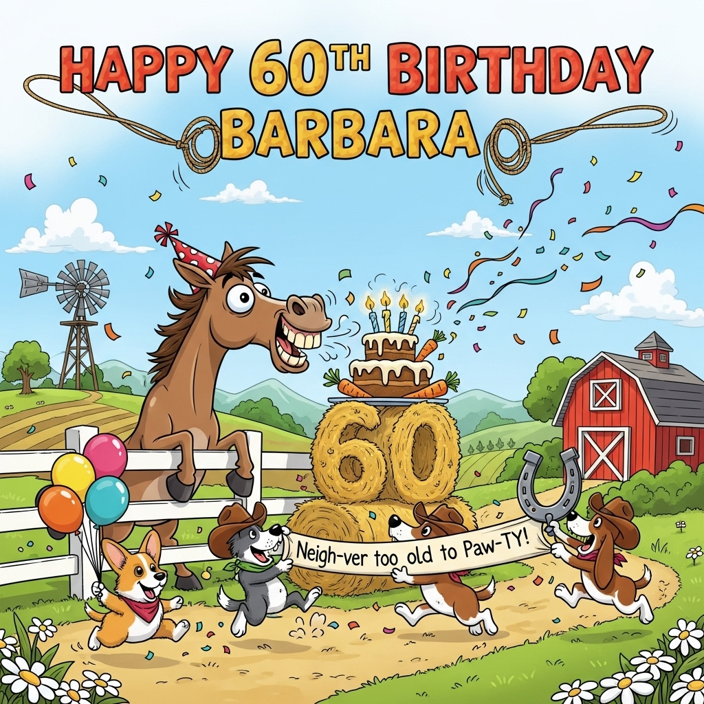 At the top of the Cartoon Style image, display the text "Happy 60th Birthday Barbara" in big, playful bubble letters decorated with lassos and tiny horseshoes.

A bright, funny cartoon farm scene: a jubilant, big-eyed horse with an oversized toothy grin and a polka-dot party hat leans over a white fence, trying to blow out swirly candles on a towering carrot cake perched atop hay bales shaped like the number 60. Three goofy farm dogs (a corgi, a border collie, and a basset hound) in tiny cowboy hats and bandanas bounce and tumble around—one racing by with colorful balloons, one skidding through confetti, one proudly presenting a giant horseshoe. The dogs are tugging a fluttering banner that reads: "Neigh-ver too old to paw-ty!" A cheerful red barn trimmed with bunting, a wooden windmill, rolling green hills, and wildflowers complete the rural setting. Exaggerated proportions, thick black outlines, bright saturated colors, bold cel-shading, and whimsical, energetic poses. Confetti, streamers, and balloons swoop through the scene, with a clear sky space at the very top so the headline pops.
Generated with these themes: Horses, Rural living, Dogs, and .
Made with ❤️ by AI.