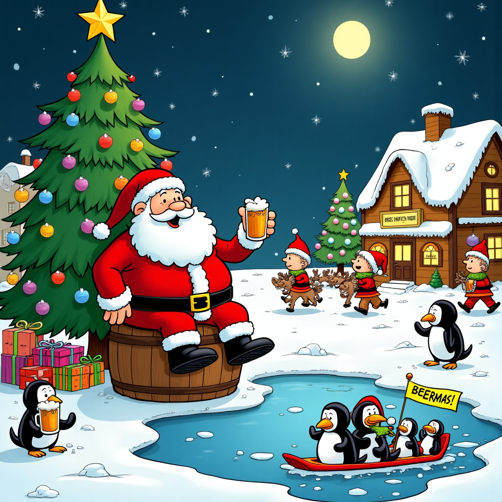 In the bustling, snow-covered village square, a larger-than-life Christmas tree, adorned with multicolored lights and ornaments shaped like classic comic characters, towers over the scene, echoing Charles Schulz's vibrant Peanuts world. At the foot of the tree, Santa Claus, with a jolly, exaggerated belly reminiscent of R. Crumb's playful distortions, is seated on a quirky, oversized wooden beer barrel, instead of his usual throne. He's wearing red and white with frothy beer mugs embroidered on his suit's trim, a nod to the ever-popular beverage. Surrounding Santa is a merry band of elves, each one styled in a unique way, echoing the dynamic expressiveness of Bill Watterson’s Calvin and Hobbes. They are energetically orchestrating a production line of Christmas presents wrapped in colorful comic strip-patterned paper.

In the foreground, a family of penguins, inspired by Hergé's clean and bold lines, slide gleefully across the icy pond, each carrying a frothy mug of root beer, their beaks open in cartoonish delight. Near them, a snowman with a stout beer bottle nose and hops for buttons stands proudly, its twig arms holding a tiny festive flag proclaiming "Cheers!" In the background, a quaint tavern styled like a gingerbread house complete with icing-like snow on the roof, emits a warm glow through its frosty windows, beckoning visitors with a neon sign in a playful cursive, 'Beermas Festivities Inside'.

High above, the night sky is dotted with stars, with one particularly bright star in the shape of an exaggerated beer cap that seems to be pouring light down on the merry scene below, reminiscent of Winsor McCay's whimsical and surreal touches. Reindeer with tiny barrel saddlebags prance joyfully, their sleighs carrying cases of sparkling cider, illustrated with Gary Larson's signature offbeat humor. The whole scene captures a unique, narrative-rich snapshot perfect for a Christmas greeting card, blending festive cheer with a light-hearted nod to the joy of beer in a way that is both unexpected and delightfully humorous.
Generated with these themes: beer.
Made with ❤️ by AI.