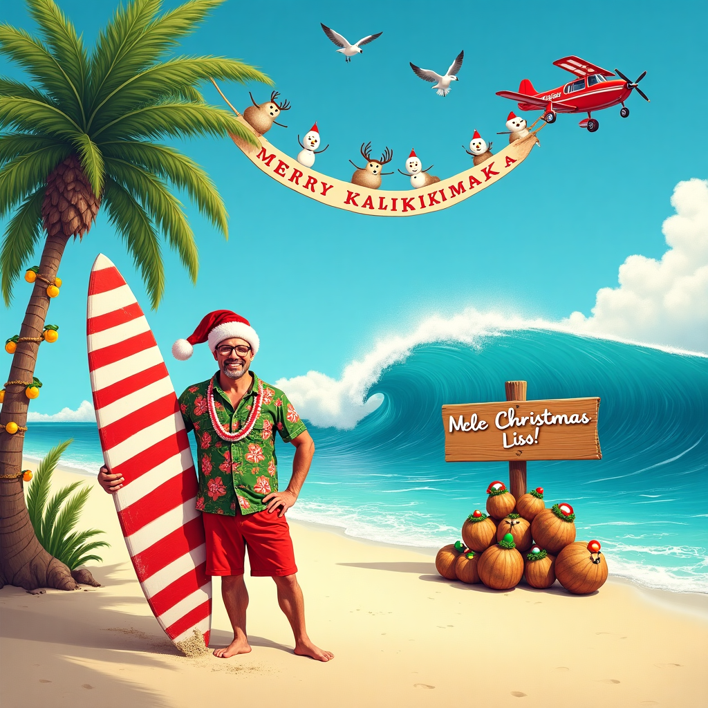 The front cover of this whimsical Christmas card features a sun-soaked Hawaiian beach scene with a hilarious twist. In the foreground, a man clad in a Santa hat, a tropical floral aloha shirt, and festive red swim trunks stands in the sand with a big grin, proudly displaying a surfboard. The surfboard is humorously painted to resemble a giant candy cane, its red and white stripes spiraling all the way down its length. The husband is posed in mid-action as if ready to tackle the waves, except the waves are comically depicted as towering, frothy white reindeer, prancing through the azure ocean.

In the background, a series of palm trees are whimsically decorated with Christmas ornaments, tinsel, and strings of twinkling fairy lights that seem to shimmer under the bright sun. Among these tropical trees, a Hawaiian-style wooden sign sticks out of the sand, inscribed with the words "Mele Kalikimaka" in playful, bright lettering. Beneath it, coconuts are stacked in a pyramid, each painted to resemble a jolly snowman's face.

Up in the clear, blue sky, fluffy clouds are shaped to spell out "Merry Christmas Lisa!" as if the very heavens are delivering their holiday greetings. A small plane flies across the scene towing a banner that reads, "Aloha from Paradise!" adorned with tiny Christmas wreaths. Seagulls dressed in little Santa hats soar playfully around the plane, adding to the festive chaos of this joyful holiday mash-up.
Generated with these themes: Hawaii, and Husband.
Made with ❤️ by AI.