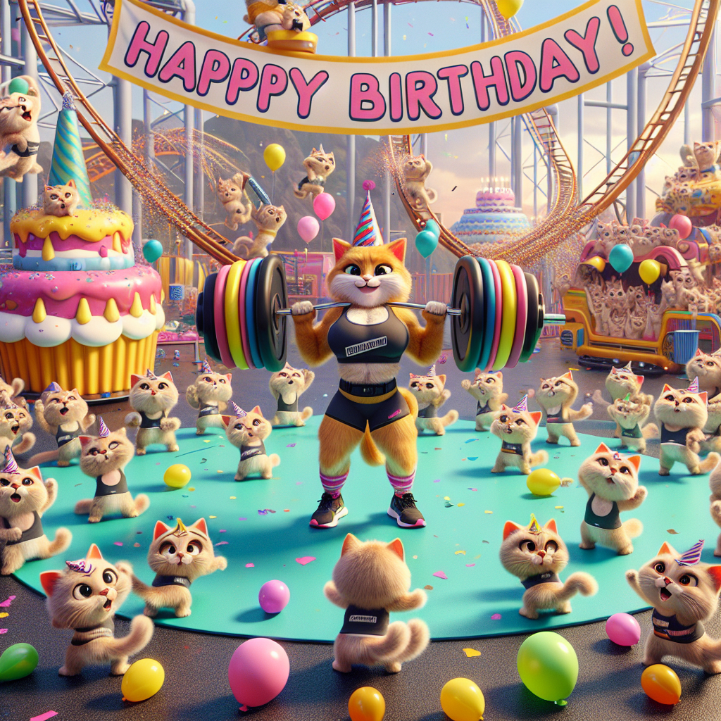 The image captures a lively, cartoon-like birthday celebration situated in an amusement park setting. The main focal point of the scene is an athletic, workout gear-clad cat engaging a group of endearing kittens in a CrossFit exercise, creatively utilizing balloons as substitute weights. This energetic display transpires under a hanging banner emblazoned with the words 'Happy Birthday!'. Further back, we observe an ecstatic bunch of cats delightfully riding a roller-coaster, cleverly designed to resemble an enormous birthday gift. This thrilling ride meanders through oversized cupcakes and confetti cannons, amplifying the celebratory atmosphere of the event.
Generated with these themes: CrossFit , Cats, and Rollercoaster .
Made with ❤️ by AI.