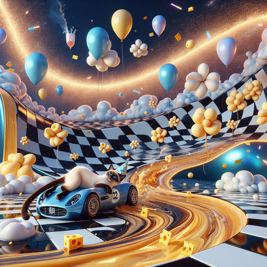 A whimsical birthday party takes place in an extraordinary landscape. A Burmese cat lies comfortably on top of a shiny ceramic racing car on a black and white checkered pathway, which unimaginably curls upwards into the sky. A blue animated character wearing a festive hat frolics among floating balloons that resemble the symbol for video playback. A glittering stream of amber liquid leisurely winds through the scene, flanked by unusual cheese flowers in bloom. Above, clouds of many sweet pastel shades dance around, as effervescent suds from the river below drift upwards to join an ongoing, brilliant firework display, casting a magical glow on the entire scene below.
Generated with these themes: Burmese cat, Porsche , Bluey, Beer, Primula cheese, and You tube.
Made with ❤️ by AI.