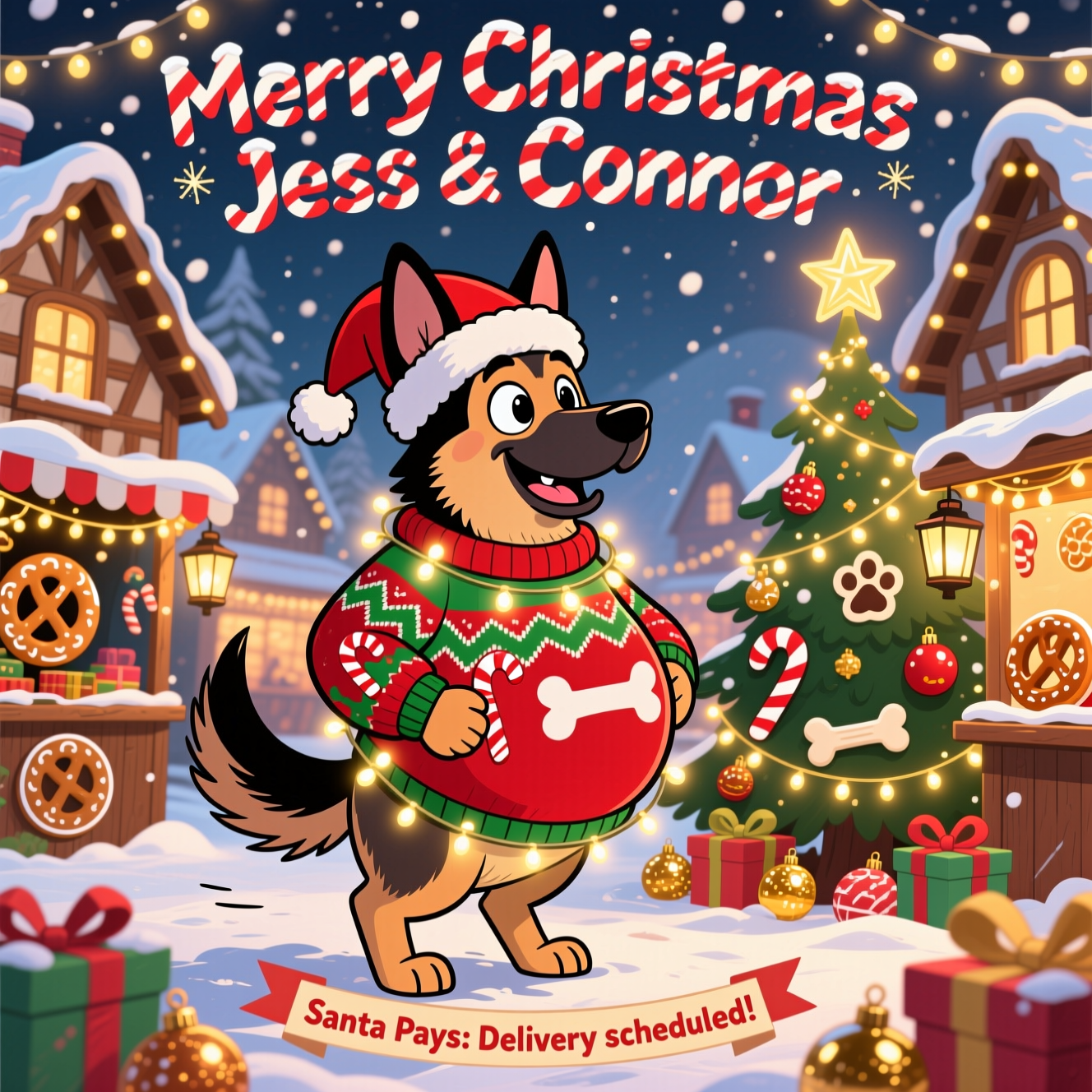 At the top of the Cartoon Style image, "Merry Christmas Jess & Connor" in big candy-cane stripes with snowy sparkle.

A funny, playful Cartoon Style scene: a proud, pregnant German Shepherd dog front and center, side-on to show a round, festive belly, wearing an oversized red-and-green Christmas sweater patterned with bones and candy canes and a floppy Santa hat. Exaggerated proportions (big gleaming eyes, perky ears, goofy grin, wagging tail with motion lines), thick black outlines, bright saturated reds, greens, golds, and snowy whites. She’s gently wrapped in glowing fairy lights like a twinkly wreath, standing amid a cozy German Weihnachtsmarkt: timber-framed houses, gingerbread and pretzel stalls, star lanterns, and a sparkling Christmas tree decked with paw-print and bone ornaments. Soft snowfall, warm golden twinkle lights, shiny baubles, and wrapped gifts at her paws. Whimsical, energetic poses and cheerful expressions everywhere.

At the bottom, small and cheeky on a ribbon banner: "Santa Paws: Delivery scheduled!"
Generated with these themes: Germany shepherd pregnancy, and .
Made with ❤️ by AI.