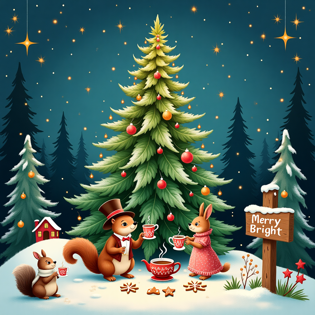 In this whimsical and surreal Christmas-themed illustration, the viewer is greeted by a fantastical winter forest scene, where a towering, ornate cannabis plant stands proudly at the center, its leaves shimmering with frosty crystals reminiscent of snowflakes. The plant is decorated with tiny twinkling lights and miniature Christmas ornaments, including baubles shaped like whimsical woodland creatures and stars. Below the plant, a group of jubilant forest animals dressed in Victorian-style clothing, inspired by Beatrix Potter, engage in festive activities. A squirrel in a dapper top hat and waistcoat pours steaming cups of herbal tea from an intricately designed teapot, its spout whimsically curving like a vine. Nearby, a rabbit in a ruffled frock decorates gingerbread cookies shaped like snowflakes and leaves. To the left, a hedgehog in a tiny muffler joyously slides down a slope of candy-cane-striped snow. The sky above is a dreamy Maxfield Parrish-esque twilight blue, sprinkled with luminous stars that echo the cannabis plant's sparkling lights. In the background, delicately sketched, Aubrey Beardsley-inspired fir trees twist and turn with elegant, exaggerated branches. A quaint wooden signpost, whimsically lettered, reads "Merry and Bright," nestled in a snowbank dusted with a light sprinkling of confectioner's sugar snow, completing this enchanting and surreal Christmas scene.
Generated with these themes: Cannabis.
Made with ❤️ by AI.