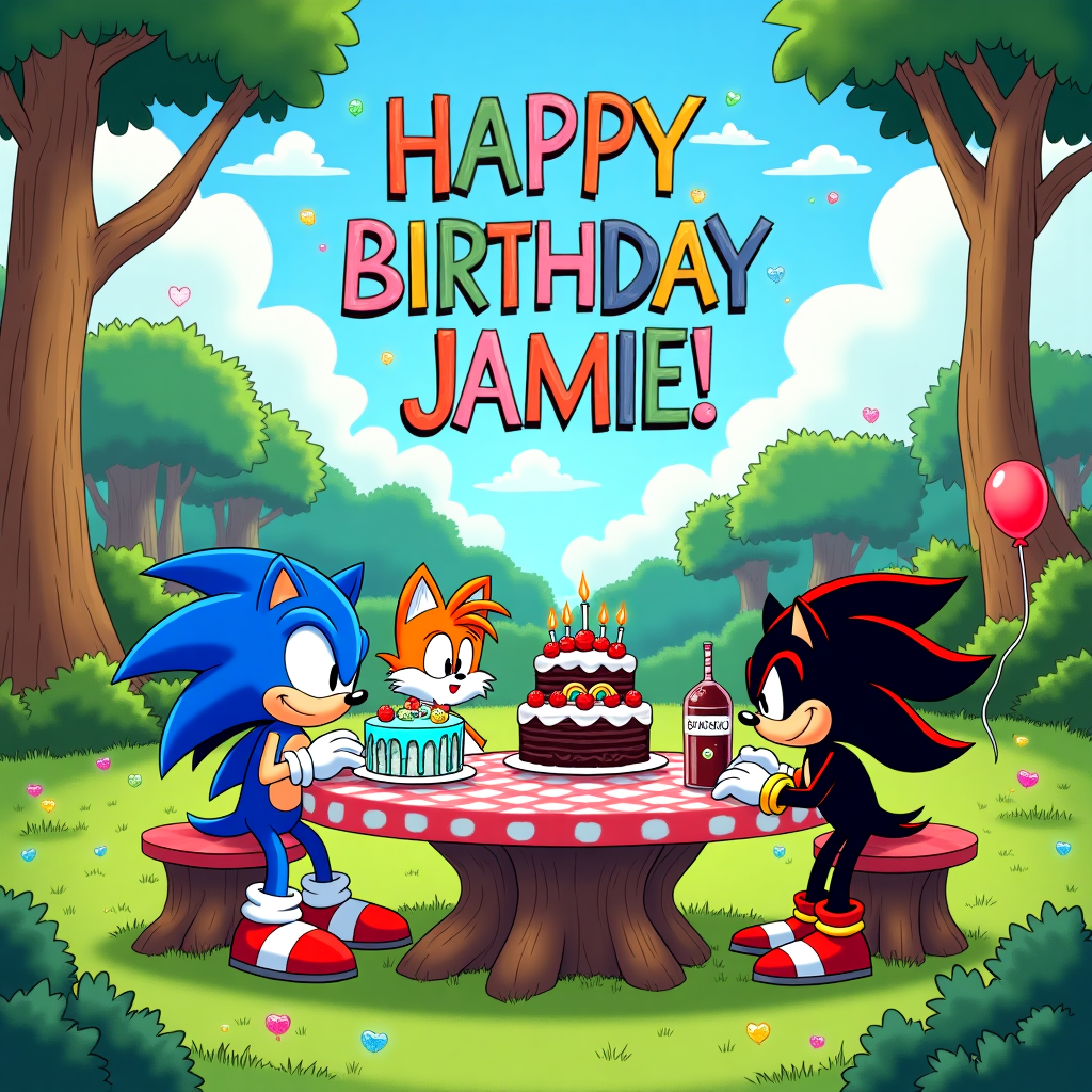 Happy birthday party with Sonic the Hedgehog, Tails and Shadow eating birthday cakes Birthday Card