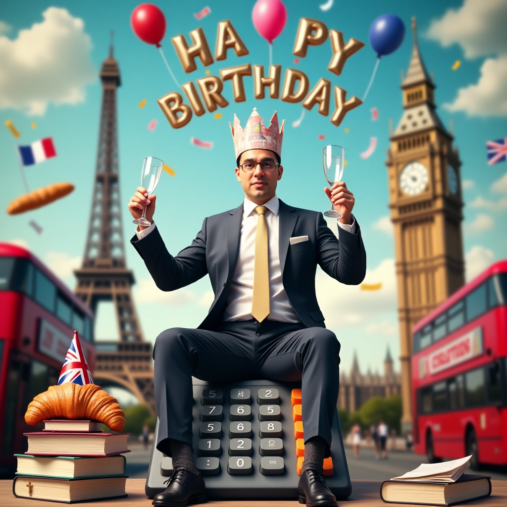 **Prompt:**  

A hyper-realistic and humorous photograph of an accountant named Alex, wearing a birthday crown made of Euro and Pound notes, sitting on top of a giant calculator. The background is a quirky split scene — one side shows the Eiffel Tower with French flags and baguettes floating in the air, the other side shows Big Ben surrounded by red buses and confetti. Alex is mid-performance in a dramatic pose as if acting on stage, holding a champagne glass in one hand and a tax return in the other. Balloons spell out "Happy Birthday" in the sky above. In the foreground, there's a stack of accounting books wearing tiny party hats and a croissant holding a mini Union Jack.
Generated with these themes: Accountant called alex, Happy birthday, France, London, Acting, Money, and Celebrating .
Made with ❤️ by AI.