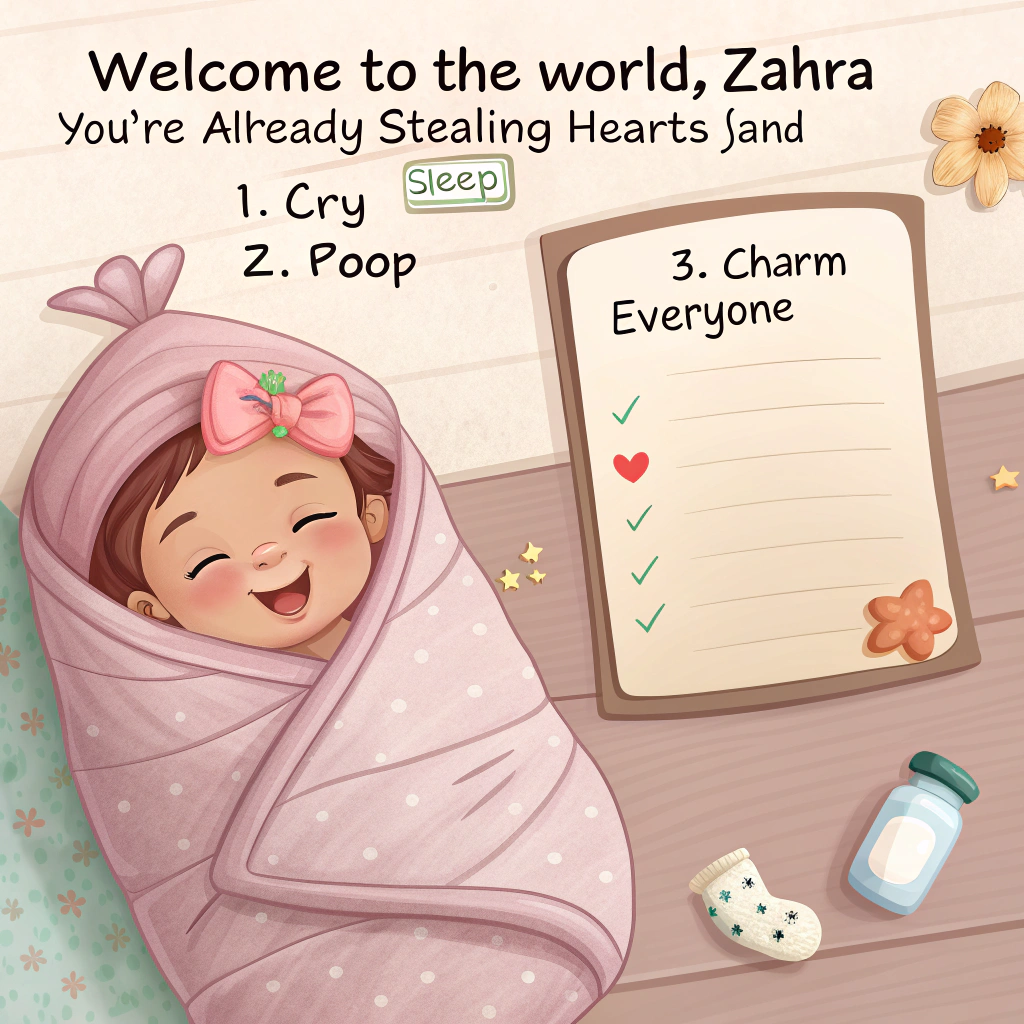 At the top of the realistic photograph image, "Welcome to the World, Zahra — You're already stealing hearts (and sleep)!"

- The image features a highly realistic, adorable newborn baby girl (representing Zahra) wrapped up in a soft, oversized burrito-style swaddle, only her tiny face peeking out with a cheeky little grin.
- She's placed on a cozy bed next to a "To-Do List" notepad that reads:  
  1. Cry  
  2. Poop  
  3. Charm everyone  
- Scattered around are cute, tiny baby socks, a milk bottle tipped over (safely and humorously, no mess), and a big "Queen of Cute" onesie hanging in the background.
- Lighting is soft and warm, adding a dreamy and whimsical atmosphere.  
- Optional detail: In the corner, a blurry exhausted but smiling parent peeking into frame, coffee cup in hand.
Generated with these themes: Baby girl .
Made with ❤️ by AI.
