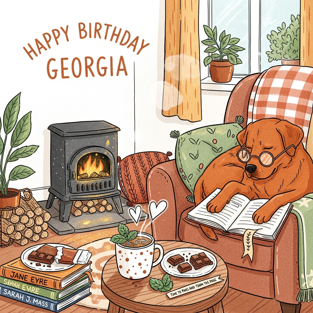 Red fox labrador , Reading , Log burner , Mint tea , Chocolate , Quiet time, Sarah J Mass book , Jane Eyre Book, and Birthday Card