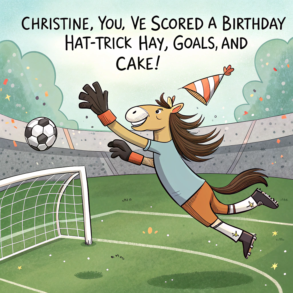 At the top of the image, "Christine, you’ve scored a birthday hat-trick—Hay, Goals, and Cake!"

- In the center of the image, illustrate a cartoon-style football pitch where a very enthusiastic horse wearing goalie gloves is dramatically leaping to save a birthday cake being kicked like a football.
- Christine, drawn in a humorous caricature style, is mid-celebration, wearing a party hat and football boots, arms raised in victory.
- The horse’s mane is wildly windswept like it’s just made a world-class save, and its eyes are hilariously determined.
- Scatter a few balloons, confetti, and footballs around the pitch to add a festive atmosphere.
- A birthday banner in the background reads "Neigh to Getting Older!" for extra giggles.
Generated with these themes: Pferd, and Fußball.
Made with ❤️ by AI.