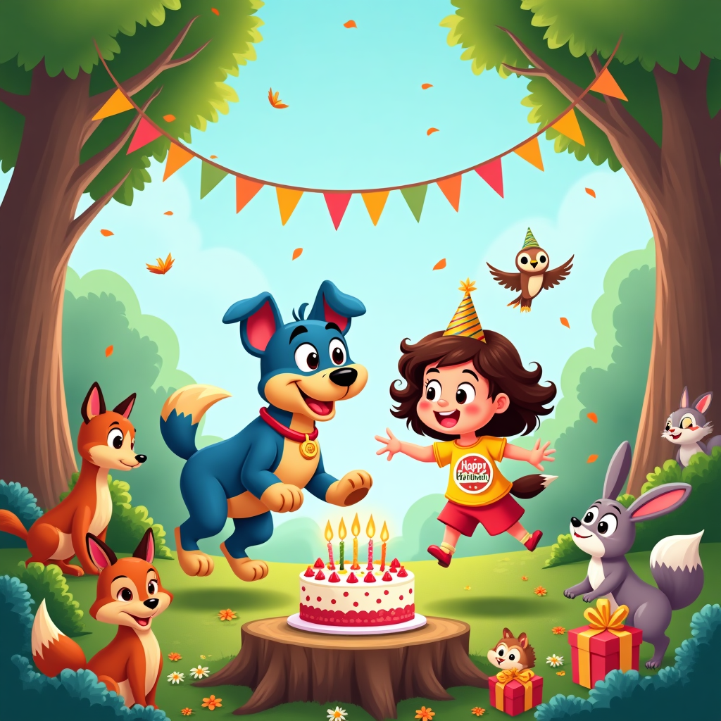 At the top of the Cartoon Style image, Happy Birthday, Thea!!!

A big, adorable, full-bleed cartoon scene in a bright, saturated, cute mood with chunky, thick outlines and exaggerated proportions. Center stage: Bluey, the overenthusiastic and imaginative blue heeler pup, mid-bounce with a huge grin and wagging tail, one paw pointing ahead as if leading the adventure. Beside Bluey is a little girl with bouncy brown curly hair and big brown eyes, wearing a colorful outfit and a round badge on her chest that reads “Happy Birthday.” They’re in a sunny woodland clearing: tall trees with dappled light, garlands of bunting strung between branches, toadstools and wildflowers, leaf-confetti drifting, and a few tiny fireflies for sparkle. Surround them with cute woodland pals—smiling fox, curious fawn, wide-eyed owl on a branch, playful squirrel, hedgehog, and a bunny—some wearing tiny party hats and ribbons. In the foreground, a mossy tree stump as a table holds a rainbow-sprinkled birthday cake with glowing candles; nearby are brightly wrapped presents with big bows. Keep poses lively and whimsical, eyes big and expressive, with soft cel shading and a crisp, cheerful finish.

At the bottom, in a small playful speech bubble from Bluey: Let’s paws for cake!
Generated with these themes: Bluey the Dog , Little girl with brown curly hair and brown eyes , and .
Made with ❤️ by AI.