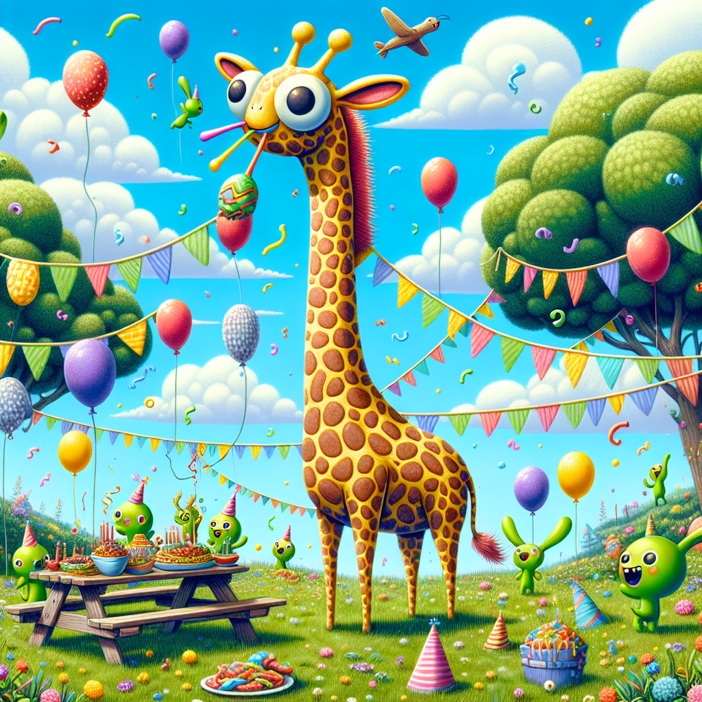 Illustrate an image set in a lively, vibrant meadow under a crystal blue sky speckled with fluffy white clouds. The main attraction of this scene is a quirky creature - the 'BunnyGiraffe'. This odd creature possesses the elongated neck and legs of a giraffe which is complemented with the soft, cuddly body and oversized ears of a bunny. Surrounding it are festive decorations like a myriad of brilliantly colored balloons and streamers fluttering in the breeze. Little humanoid pea characters with tiny party hats are dispersed around this joyful gathering, seen engaged in merriment - laughing, dancing, and enjoying the company of others. A picnic table is placed within this scene, laden with bowls filled with tangy, vibrant-green BBQ sauce, filling the air with its zesty aroma invoking a sense of celebration.
Generated with these themes: BunnyGiraffe, Peas, and BBQ sauce.
Made with ❤️ by AI.