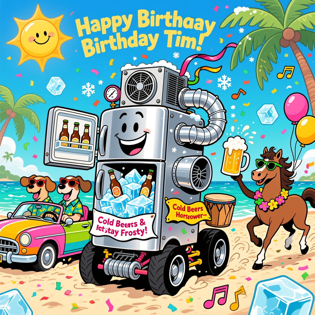 At the top of the Cartoon Style image, Happy Birthday Tim!

A bold, funny Cartoon Style scene on a sun-splashed Caribbean beach: a giant, smiling stainless-steel refrigerator on hot-rod wheels rolls along the sand like a parade float, door swung open to reveal frosty beer bottles nestled in a mountain of ice. An over-the-top HVAC rig is bolted to the back—chrome ducts curling like party streamers, pressure gauges with goofy faces, and a turbo vent blasting glittery snowflakes and confetti that swirl through the air. Bright saturated colors, thick black outlines, exaggerated proportions, and whimsical, energetic poses.

To the left, a candy-colored classic convertible car cruises beside the fridge; two goofy dogs in sunglasses and tropical shirts ride up front, ears and tongues flapping in the chilly breeze from comically oversized AC vents on the dashboard. To the right, two party-loving horses wearing flower leis and shades prance alongside, manes blown back by the cold air—one balancing a frosty beer on a hoof with a triumphant grin. Palm trees sway, turquoise water sparkles, and musical doodles hint at steel-drum rhythms. Confetti, balloons, and floating ice cubes arc through the sky, with bold highlights and chunky shadows for a glossy, celebratory finish.

Small playful text on a wavy banner across the fridge door: “Cold Beers & Hot Horsepower—Stay Frosty!”
Generated with these themes: Refrigeration, Hvac, Caribbean, Dogs, Horses, Beer, Cars, and .
Made with ❤️ by AI.