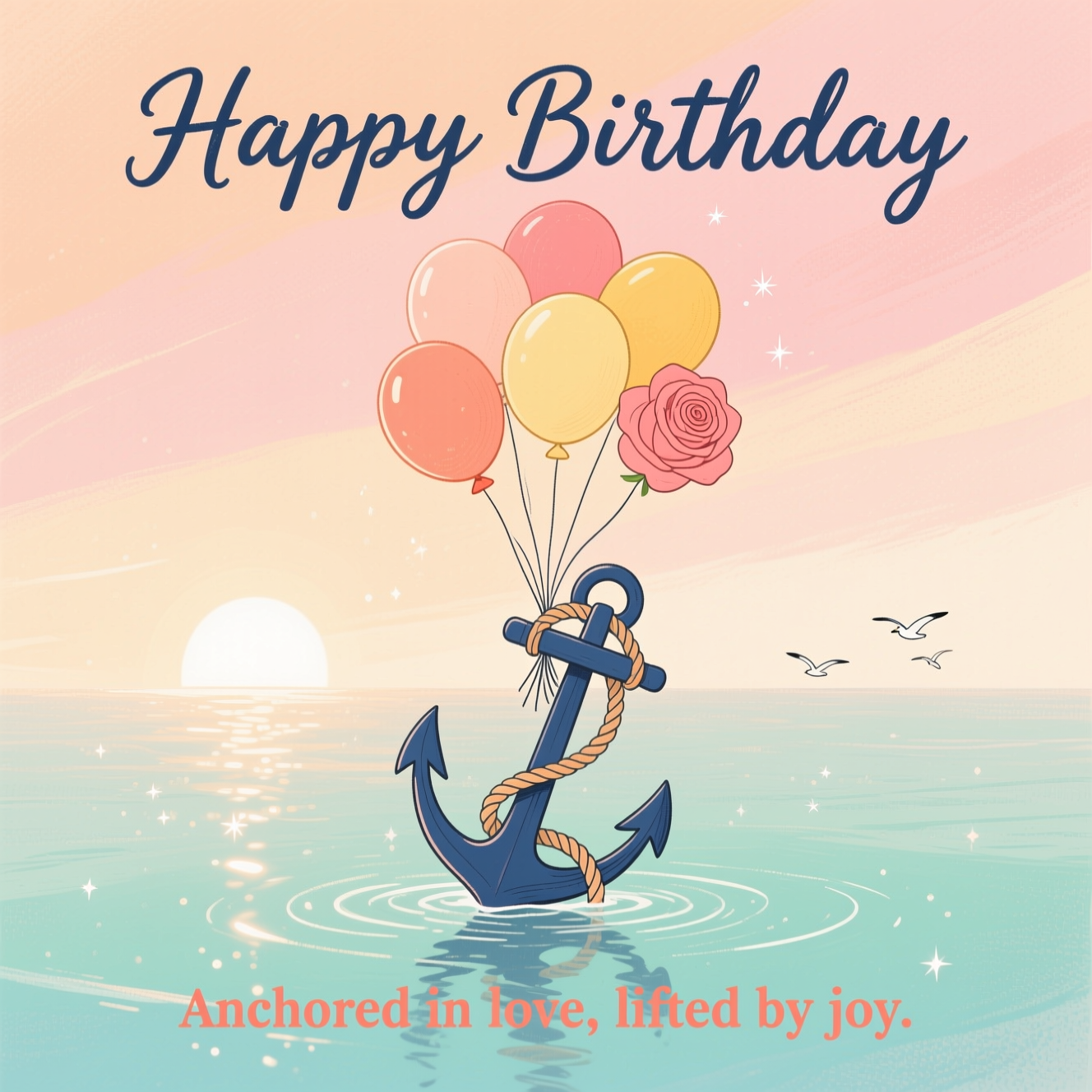 At the top of the Illustration Style image, "Happy Birthday "

At the bottom of the image, "Anchored in love, lifted by joy."

Hand-drawn illustration: Center a classic ship anchor at the lower third, a coiled rope winding upward into a bouquet of balloons that gently lift toward the sky. The anchor’s flukes touch calm, glassy water with soft ripples and a faint reflection. The balloons are warm-toned (peach, coral, butter yellow, rose) with fine line strings; the rope has delicate linework texture. Background: a warm, expressive gradient sky—apricot to blush—fading into soft seafoam near the horizon. Subtle sun-kissed highlights, tiny sparkles on the water, and a couple of distant, minimal gull sketches. Style: fine linework outlines, textured brush strokes, paper-grain feel, balanced composition with generous negative space around the headline. Typography: top line hand-lettered in flowing script (deep indigo), bottom line in a small, elegant serif (warm coral). Keep the mood sincere, uplifting, and gently nautical.
Generated with these themes: Balloons, Ship ancor, and .
Made with ❤️ by AI.