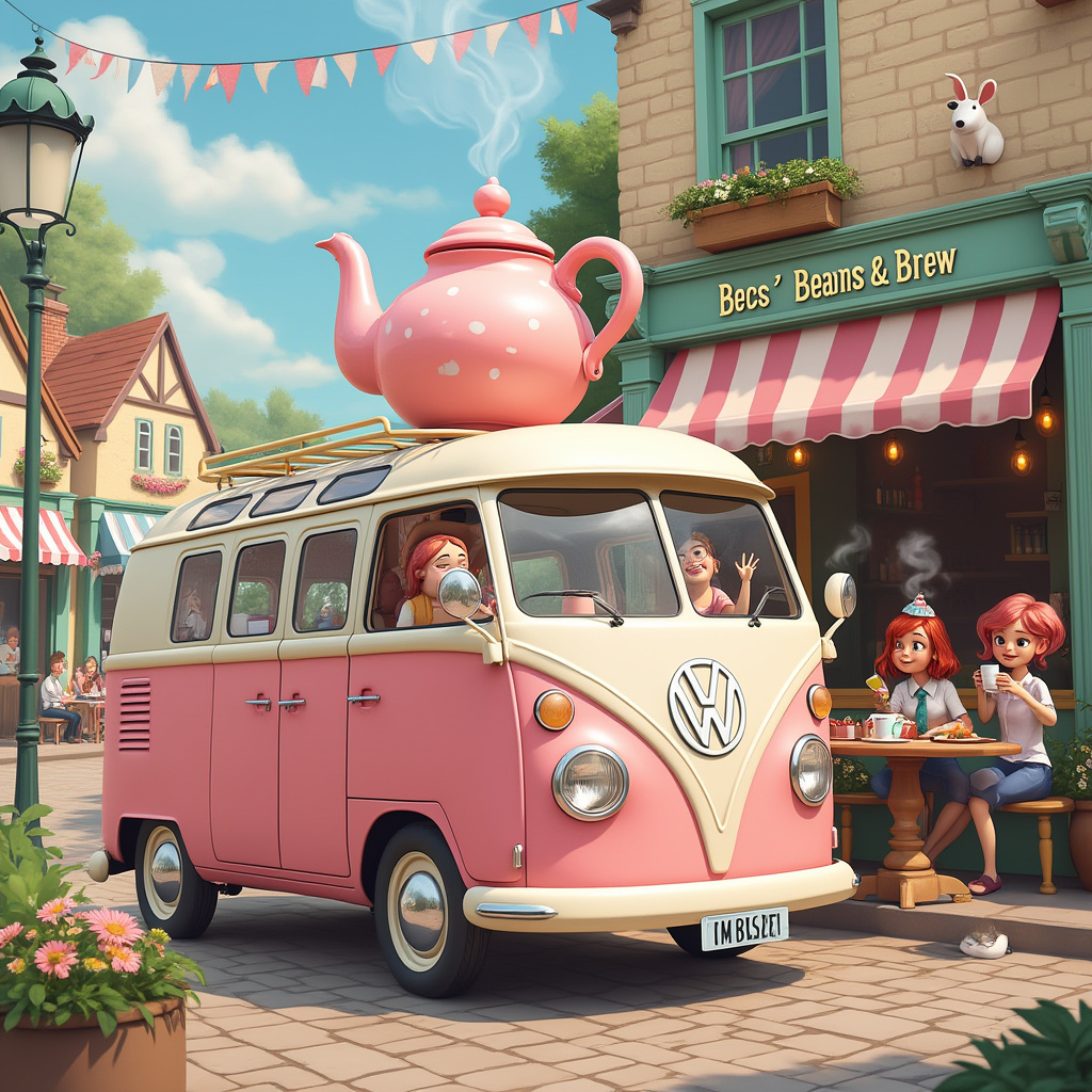 In the bustling heart of a whimsical village, a charming pink camper van stands proudly outside "Becs' Beans & Brew," an adorable, retro-style café with pastel-colored awnings and flower boxes overflowing with daisies. The camper van is an eye-catcher, painted in vibrant shades of bubblegum pink with white polka dots and adorned with cheerful bunting flags fluttering in the breeze. On its roof sits a quirky, oversized teapot, spewing clouds of fragrant steam that swirl and dance in the sky. Among these clouds, "Happy Birthday Becs!" is playfully written, appearing as if the message is part of the sky itself. The café's cozy patio is lively with joyful patrons, some holding mugs with steam tendrils rising into the air, while others wave at the van in delight. Becs, recognizable by her bright red hair and a smile that could light up the room, is seated at a quaint wooden table by the camper, cutting into a giant birthday cake shaped like a camper van, complete with tiny edible teapots. A little dog, wearing a party hat, naps contentedly in the sun nearby, adding a touch of whimsy to this delightful scene. The street is lined with vintage lampposts and cobblestones, making the whole scene feel like a page out of a beloved storybook, with Becs at its heart, celebrated by all.
Generated with these themes: Camper van pink, and Caf.
Made with ❤️ by AI.
