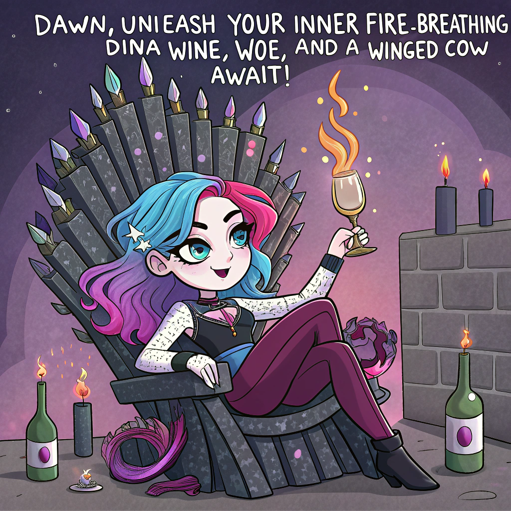 Gothic girl with colourful hair, Dragons, Highland cow, and Wine Birthday Card