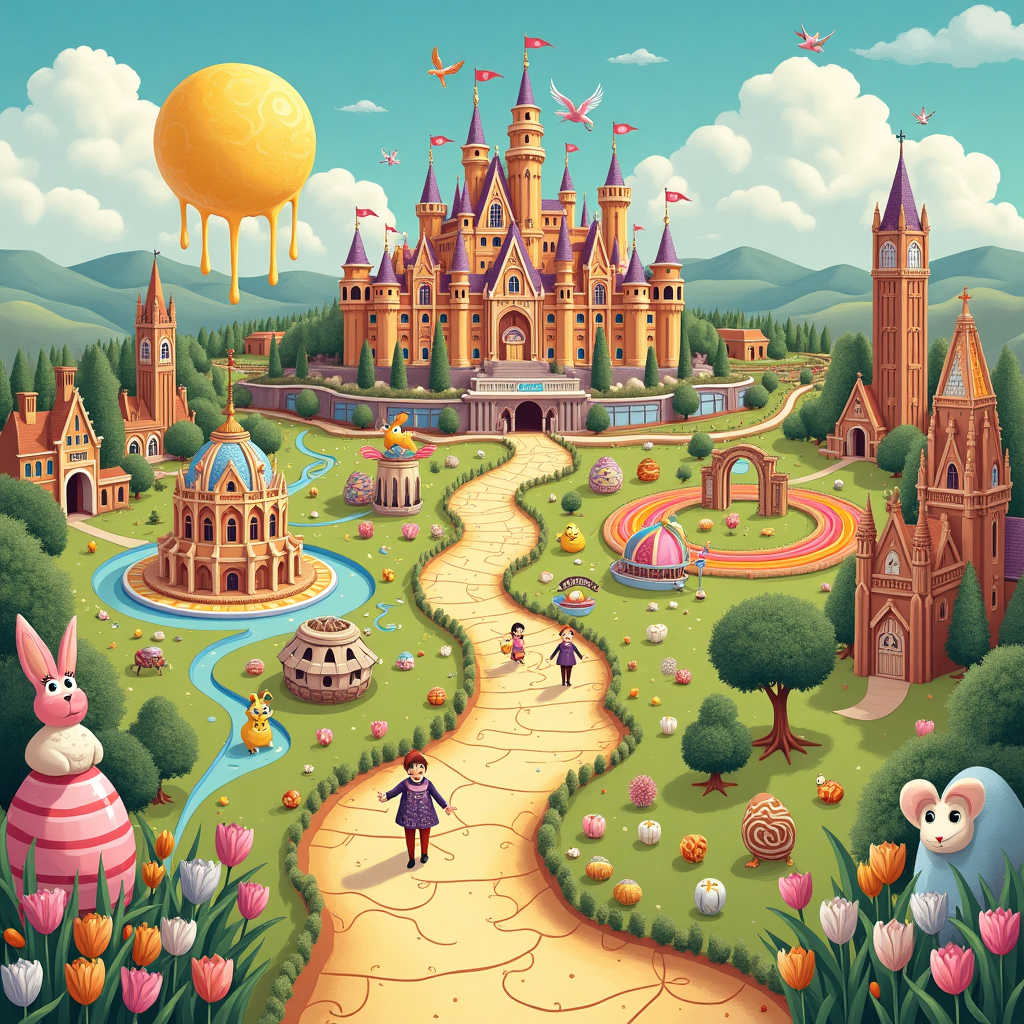 **Surreal Easter-Themed Illustration Prompt:**

Illustrate a whimsical, dreamlike scene of a detailed, illustrated theme park map titled *"Disneyland Doncaster: The Eggstravagant Edition."* At the heart of the map, a giant golden Fabergé egg replaces Cinderella’s castle, adorned with tiny rabbit-eared towers and swirling candy pathways. The park's sections are Easter-themed puns on Disney lands—“Hopventureland,” “Yolk Kingdom,” “Toon-Town Carrot Coaster,” each with pastel rides shaped like painted eggs and jellybeans.

Anthropomorphic Disney-like animals (wearing Victorian Easter bonnets) waltz along pathways made of rainbow jelly. A tea-cup ride spins with chick-shaped cups splashing yolk-colored streams. Surreal clouds above are cotton candy, with cracked egg moons peeking out, dripping custard over the fantasy park. Dotted lines mark out rollercoaster trails made of winding chocolate ribbons and hot cross bun tracks.

In one surreal corner, Doncaster’s landmarks sprout tulips and hidden Easter eggs—there’s the Doncaster Minster, transformed into a candy-coated chocolate cathedral with bunnies for gargoyles.

Add fantastical signposts that read: *"You are now leaving reality,"* and *"Magic Route: Follow the Marshmallow Trail."* Keep the colors dreamy, pastel, and joyously over-the-top.
Generated with these themes: A mapped out plan for disneyland in Doncaster .
Made with ❤️ by AI.