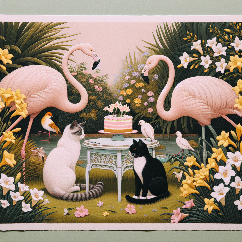 Black & white cat, Flamingoes, Freesia, Music, Mysteries, and Cake Mothers-day Card