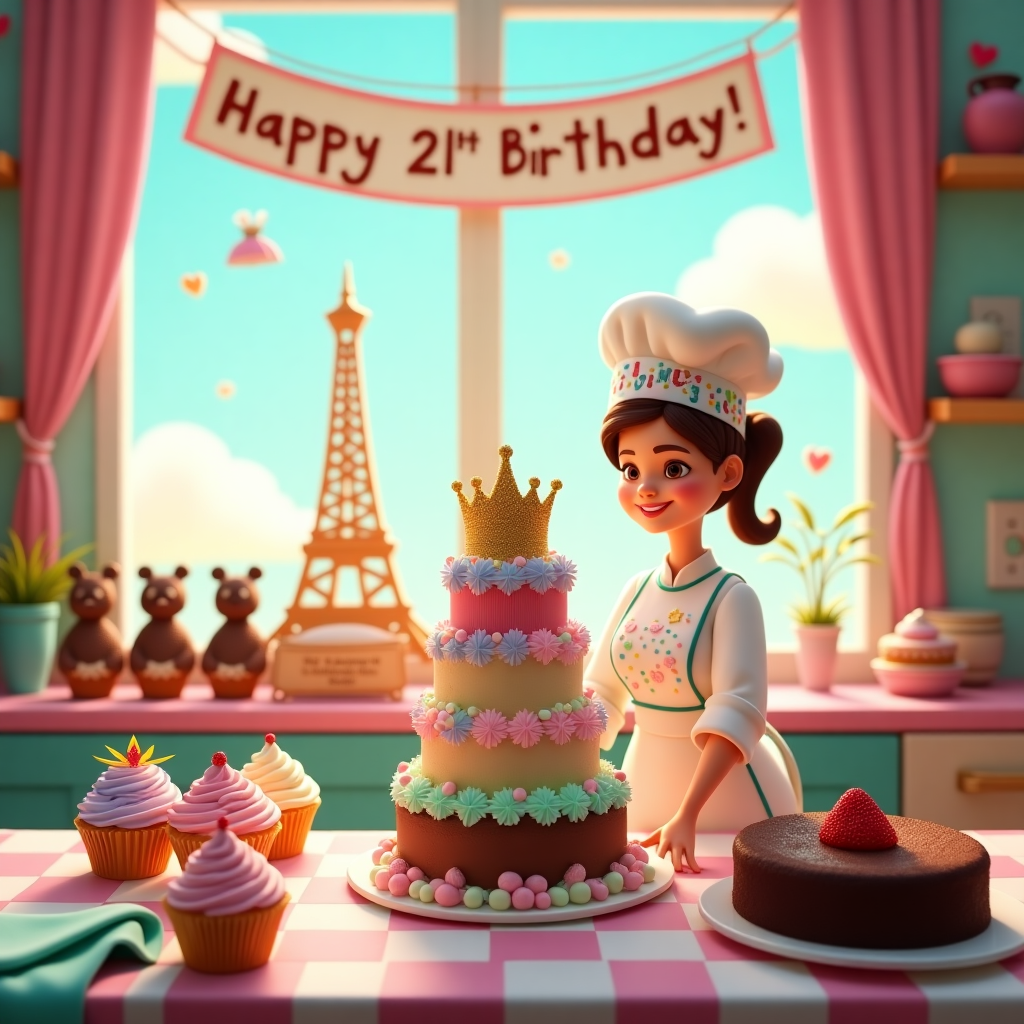 In a whimsical kitchen wonderland that bursts with vibrant colors and delightful desserts, we find an enchanting scene set for Eleanor's 21st birthday. The focal point is an animated, cherry-cheeked female chef who looks like she has stepped right out of a fairytale. She's wearing a classic white chef's hat adorned with a colorful birthday crown, and her apron is splattered with fun, pastel-colored frosting. With a joyous grin, she's presenting a towering birthday cake that looks like an edible masterpiece; each tier is a different flavor - chocolate, vanilla, and strawberry, swirled with rainbow sprinkles and topped with a miniature Eiffel Tower of macarons.

Around the kitchen, a confectionery carnival is in full swing. To the left, an adorable brigade of animated cupcakes marches in formation, each with tiny frosting faces singing "Happy Birthday" to Eleanor. Their frosting swirls are in shades of pink, lavender, and mint, adorned with sparkling sugar. Beside them, a team of chocolate brownies is busy laying out a pathway of rich, gooey goodness leading to the cake. On the right, a fruity tart sits proudly on a checkered cloth, its glistening berry toppings catching the light like precious gems.

In the background, the kitchen window opens up to a bright, sunny day where the sky playfully collaborates in the celebration; fluffy clouds form the name "Eleanor" with a trail of tiny hearts. Above it, a cheerful, waving banner stretches across the scene, reading "Happy 21st Birthday!" in bold, bubbly letters. The air is buzzing with animated chocolate truffles and flying macarons, creating a sweet symphony of treats that fill this magical space. Each element is lovingly crafted, creating a playful and scrumptious scene that captures the joy of Eleanor's milestone birthday.
Generated with these themes: 21st Birthday , Niece, Female Chef, Cake , Chocolate , Macarons , Brownies , Fruit tart, Cup cakes, and .
Made with ❤️ by AI.