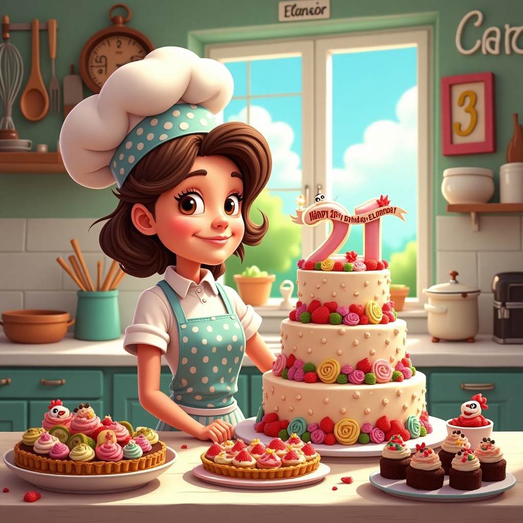 In a whimsical kitchen that bursts with charm and color, imagine a delightful cartoon scene brimming with culinary celebration. At the center stands a joyful, animated female chef, donned in a playful, oversized white chef's hat and a polka-dotted apron. Her eyes sparkle with mischief as she presents an extravagant, tiered cake, each layer adorned with intricate icing patterns, candy roses, and a "Happy 21st Birthday, Eleanor!" banner woven through sugar-spun clouds at the top.

Surrounding her is a feast of sweet treats: to her right, a table laden with an assortment of pastel-colored macarons arranged in the shape of a 21, their delicate shells glistening under the kitchen lights. To her left, a platter of rich chocolate brownies sits, each square featuring a decorative '21' made of powdered sugar. In front of the chef, a vibrant fruit tart radiates with glossy strawberries, kiwis, and blueberries, meticulously placed to resemble a blooming flower. Nestled among these treats are a dozen cupcakes, their swirled frosting topped with tiny edible figurines of Eleanor as a little girl and now, a blossoming young woman.

The background is a collage of playful kitchen elements—whisks, rolling pins, and pots animated with eyes and wide, friendly smiles, reminiscent of Disney magic. A window frames a sunny outdoor scene where the clouds in the sky spell out "Eleanor" in fluffy, cursive letters. The walls of the kitchen are covered with retro comic-style frames capturing hilarious moments of baking mishaps and triumphant successes, echoing the storytelling charm of Schulz and Watterson. On the floor, a mischievous chocolate drizzle trails off the counter, leading to a giggling Eleanor caricature, her apron stained with flour and chocolate, embodying the spirited essence of her 21st birthday adventure.
Generated with these themes: 21st Birthday , Niece, Female Chef, Cake , Chocolate , Macarons , Brownies , Fruit tart, Cup cakes, and .
Made with ❤️ by AI.