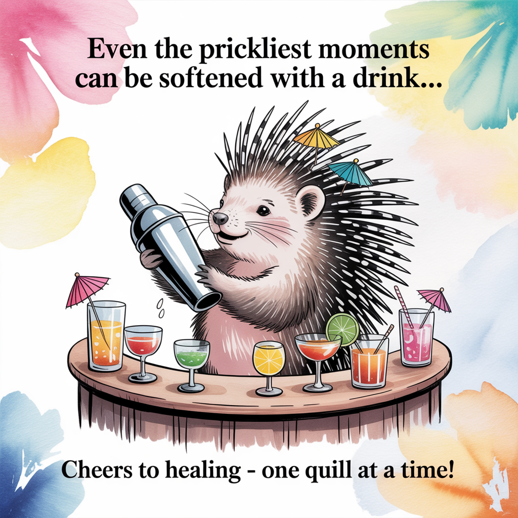 At the top of the image, "Even the Prickliest Moments Can Be Softened with a Drink...":

At the bottom of the image, "Cheers to Healing – One Quill at a Time!"

- In the center of the image, illustrate a whimsical scene where a porcupine stands behind a miniature bar, delicately shaking a cocktail shaker with its tiny paws. Its quills are adorned with tiny, colorful umbrellas, and the bar is lined with miniature cocktail glasses filled with vibrant watercolor concoctions. The setting has a soft, pastel watercolor backdrop, with subtle pigment blooms adding to the light-hearted ambiance.
Generated with these themes: Bartending, porcupines, and .
Made with ❤️ by AI.