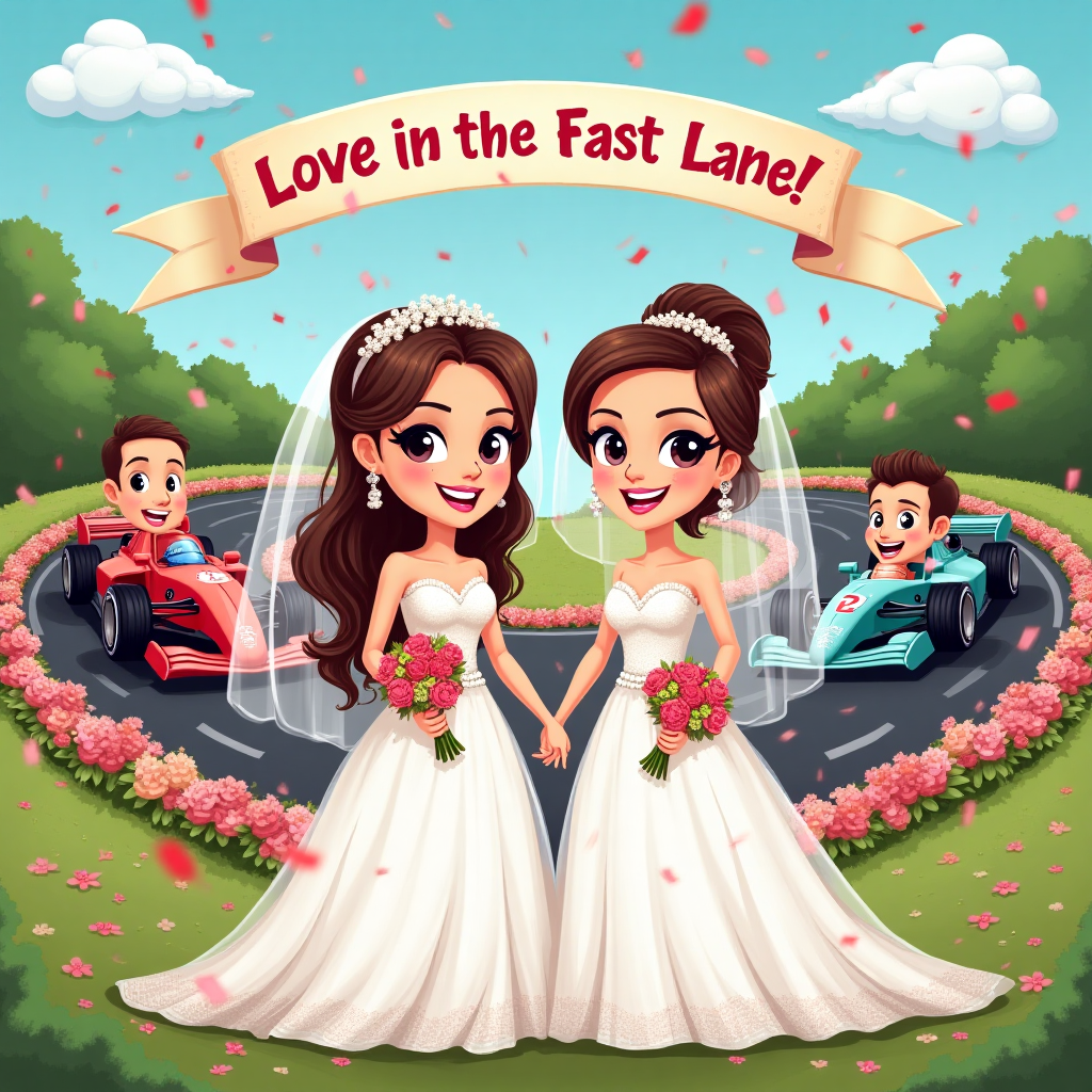 **Prompt for Image:**

In the foreground, two happy brides, dressed in charming, colorful cartoon-style wedding gowns, are standing side by side. Each bride has a unique hairstyle and bouquet, reflecting their individual personalities. They're holding hands and beaming with joy as confetti rains down around them.

In the background, a whimsical race track forms a heart shape, bordered by vibrant flowers. Racing cars, designed in an exaggerated cartoon style, are zooming around the track. One car is designed like George Russell's, with a smiling caricature of him waving out of the window. The other car resembles Lewis Hamilton's, with a cartoonish Lewis giving a thumbs-up.

The sky is a brilliant blue with fluffy clouds, and a banner floating above reads: "Love in the Fast Lane!" in playful, bold letters.

The scene is full of energy and fun, capturing the thrill of both love and racing, perfect for a unique wedding greetings card.
Generated with these themes: Lesbian, formula 1, George Russell, Lewis Hamilton , and .
Made with ❤️ by AI.