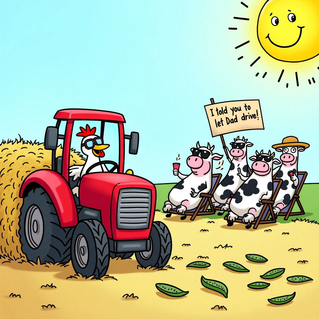 At the top of the cartoon image: **“Hap-pea Fathers Day, Dad – You're Legen-dairy!”**

**Prompt for image:**  
A colorful cartoon farmyard scene bursting with character. A bright red tractor is awkwardly stuck in a haystack, only its front half visible, with a trail of squashed peas and corn leading up to it. A cheeky-looking chicken in aviator goggles is behind the wheel, flapping proudly. Around the tractor, a gang of smug cows with sunglasses and crossed hooves look unimpressed. One cow holds up a hand-drawn sign that reads, “I told you to let Dad drive!” In the background, pigs lounge on deckchairs, sipping milkshakes and laughing hysterically. The sun has a smiley face wearing a straw hat. Whimsical, pun-filled, and bursting with personality, perfect for a dad who loves farming fun.
Generated with these themes: Farm, , and Tractor .
Made with ❤️ by AI.