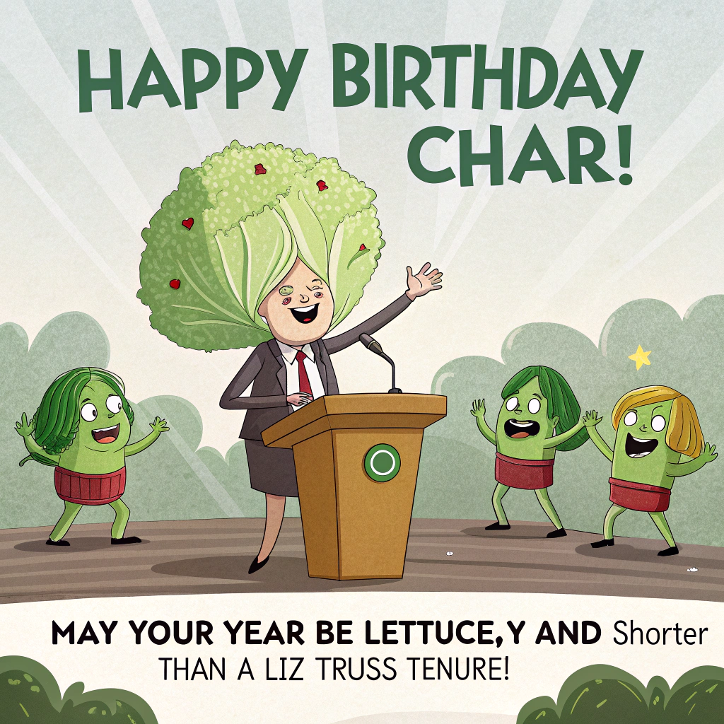 At the top of the image, "Happy Birthday Char!"

At the bottom of the image, "May Your Year Be Lettuce-y and Shorter Than a Liz Truss Tenure!"

- In the center, create a playful cartoon scene where a lively, animated lettuce character is dressed as a politician, wearing a tiny, comically oversized wig resembling Liz Truss's hairstyle. 
- The lettuce stands on a podium, with exaggerated facial expressions and vibrant colors, addressing a crowd of other vegetable characters with signs cheering "Go, Lettuce, Go!"
Generated with these themes: Liz truss, Lettuce, and .
Made with ❤️ by AI.