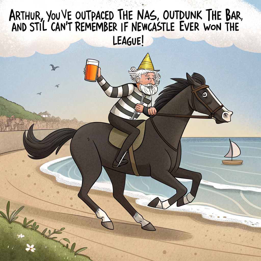 At the top of the image, "Arthur, you've outpaced the nags, outdrunk the bar, and still can't remember if Newcastle ever won the league!"

- The cartoon scene features Arthur—an 80-year-old with a wild party hat, holding a giant pint of beer in one hand and a glass of single malt whisky in the other—riding a galloping horse up Whitley Bay beach.

- Behind him, there's a group of cartoon-style horses in football kits (black-and-white stripes like Newcastle United), racing along the sands with bewildered jockeys clutching chip wrappers and Geordie scarves.

- Tynemouth Castle is in the background, cheerfully transformed into a pub shaped like a whisky bottle, with seagulls wearing party hats flying out.

- A speech bubble from the horse reads: "Nee worries, Arthur – we'll gallop to the toon after one more pint!"

- The entire image bursts with cartoon fun, cheeky Geordie energy, and birthday mayhem.
Generated with these themes: Newcastle United Football Club, Beer, Whitley Bay, Tynemouth, 80, Single Malt Whisky, and Horse Racing.
Made with ❤️ by AI.