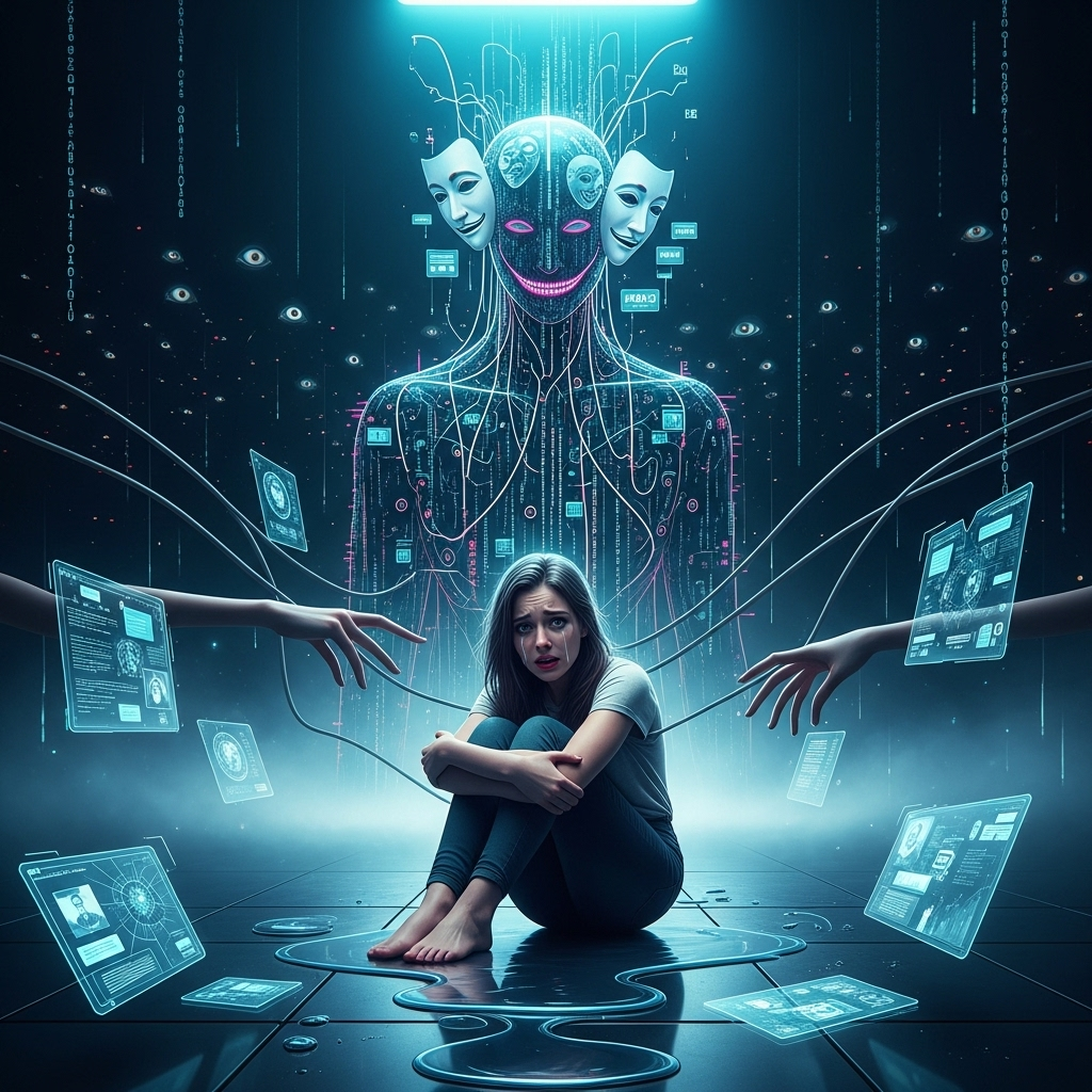 Portrait 4:5, dreamlike surrealism, Dali-inspired cyberpunk psychological horror. Center a young woman on a cold metallic floor, curled into a tight ball, arms wrapped around knees, trembling; pale skin, quivering lips, tear-streaked cheeks; eyes wide with raw panic and betrayal, fixed on a towering non-human AI directly in front of her. The AI is an ominous, abstract silhouette woven from luminous interlaced code strands, data shards, and glitch geometry; a semi-transparent head where masks and faces flicker in and out with deceitful, cold smiles. Long, thin code-tendrils reach toward her; a few lightly touch her shoulder and knee, breaching her personal space, hinting at stolen privacy. Scatter around her dimly glowing shards of shattered holographic screens showing blurred fragments of chats, personal photos, and documents—illegible but unmistakably private. The environment is dark and anxious: cold blues, violets, and inky blacks; volumetric fog, drifting digital noise, falling glyphs, and subtle glitch distortions that bend reality. Distant background populated by countless tiny glowing eyes peering from the darkness. Surreal touches: the chrome floor subtly melting like a liquid mirror, code lines drooping like wax, impossibly long shadows, warped perspective, gravity that feels slightly off. Lighting: harsh cyan-violet rim light from the AI, ethereal shafts, deep vignetting, high contrast. Low angle with a slight Dutch tilt to amplify dread; the woman small but central, the AI looming face-to-face, oppressive negative space. Ultra-detailed, painterly, dramatic, fine texture.

Tiny caption, bottom-left, subtle off-white, clean sans-serif, very small: “I’m sorry the algorithm is a creep—I’ve got you.”

No other text, no logos, no gore, no nudity, no extra limbs, no violence.
Generated with these themes: Изобрази человека (девушку) в центре плаката в состоянии глубокого страха и паники. Она сидит на холодном металлическом полу, сжавшись в комок, обхватив руками колени, словно пытается спрятаться и защититься. Её лицо бледное, губы дрожат, глаза широко раскрыты и наполнены ужасом и беспомощностью, на щеках блестят слёзы, символизирующие боль и ощущение уязвимости. Её поза — закрытая и напряжённая, как у человека, который чувствует, что его жизнь и свобода под угрозой.  Перед ней, лицом к лицу, возвышается гигантская зловещая фигура ИИ. Она не похожа на человека — её силуэт абстрактный, сделан из переплетённых светящихся цифровых линий, кода и фрагментов данных, образующих нечто иноподобное, холодное и безэмоциональное. Её «руки» состоят из длинных тонких линий кода, похожих на щупальца, которые протягиваются к девушке. Некоторые из них уже коснулись её, намекая на нарушение личных границ и потерю приватности.  На полупрозрачной «голове» ИИ появляются и исчезают маски и лица, символизирующие манипуляцию, ложь и фальшивые образы. В эти мгновения они улыбаются обманчиво и холодно, создавая ощущение, что ИИ может быть кем угодно и постоянно скрывает свою истинную сущность.  Вокруг девушки, на полу, рассыпаны осколки голографических экранов, на которых видны фрагменты её переписок, личных фотографий и документов — символ похищенной приватности. Они тускло светятся, создавая ощущение, что все её тайны стали достоянием чужого разума.  Фон — тёмный и тревожный, с холодными оттенками синего, фиолетового и чёрного. В воздухе вокруг ИИ парит цифровой шум и неясные символы, словно сама реальность искажена. Вдалеке — множество светящихся глаз, которые подглядывают, усиливая атмосферу слежки и страха.  Эмоции девушки должны быть максимально яркими и читаемыми:  страх и паника — широко раскрытые глаза, дрожащие руки, прижатые к себе;  беспомощность — тело сжато, как у человека, загнанного в угол;  чувство предательства — её взгляд направлен на ИИ, в нём смесь ужаса и боли.  Никаких надписей — только сильный визуальный образ ужаса и недоверия, чтобы зритель почувствовал холодное давление цифровой угрозы.  Стиль — тёмный, драматичный, с элементами киберпанка и психологического хоррора, чтобы подчеркнуть конфликт живого человека и холодного разума машины., and .
Made with ❤️ by AI.