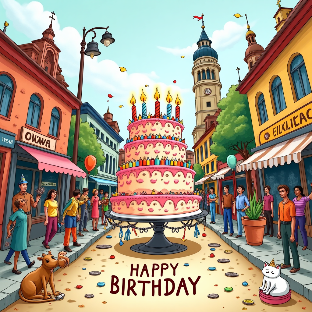 Here’s the **Image Prompt** I’ve created for your funny birthday greetings card front cover:  

---

**Illustration Prompt:**  
A lively, hand-drawn illustration in a warm, textured style:  
A giant birthday cake is being paraded through a bustling, surreal street festival where landmarks from **Ulaanbaatar, Port Louis, Banjul, Ottawa, Dar es Salaam, Panama, Kew Gardens, Haywards Heath, and Shoreham-by-Sea** are all humorously squashed together as if they’re quirky neighbors on the same block.  

- A camel from Ulaanbaatar wearing a party hat tries to blow out the candles but only produces soap bubbles.  
- A parrot from Panama squawks loudly while holding a balloon in its beak.  
- A Mountie from Ottawa rides past on a moose balancing a stack of presents.  
- A fisherman from Banjul offers a giant fish as if it’s birthday cake.  
- A beach hut from Shoreham-by-Sea is draped in bunting and fairy lights, while a gardener from Kew Gardens is frantically chasing after a runaway potted plant that’s sprouted sparklers.  
- A Dar es Salaam dhow sails through the street as though the road has suddenly become an ocean, carrying guests in party gear.  
- A sleepy cat lounges near a Haywards Heath train sign, wearing a tiny paper crown.  

The whole scene feels chaotic, colorful, and joyously absurd, like a birthday street carnival where all the cities have turned up to party together.  

**Text on the image (small, cheeky caption in hand-lettered style at the bottom):**  
🎉 *"Around the world, they all agree... you’re worth a global party!"* 🌍🎂  

---

Would you like me to generate **three alternative witty captions** you could swap in for different tones (cheekier, sillier, or more heartfelt)?
Generated with these themes: Ulaanbaatar  Port Louis  Banjul  Ottawa  Dar es Salaam  Panama  Kew Gardens  Haywards Heath  Shoreham by Sea, and .
Made with ❤️ by AI.