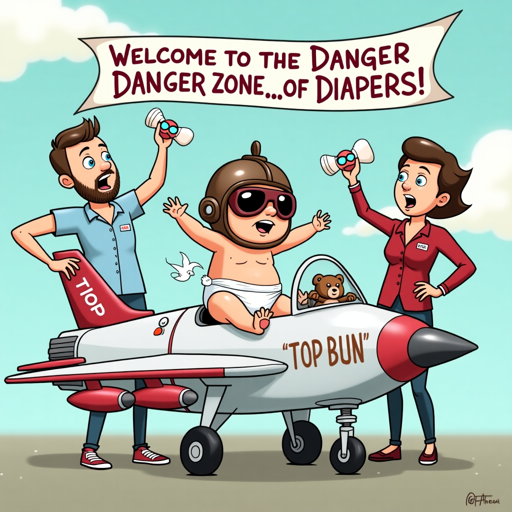 **Prompt:**

A cartoon-style baby in an oversized aviator helmet and sunglasses, sitting in a diaper in the cockpit of a toy fighter jet decorated with pacifiers and baby bottles as missiles. The jet has "TOP BUN" written on the side. Behind the baby, two panicked cartoon parents (dressed as flight deck crew) are holding baby wipes like flight paddles, frantically waving the jet to "abort takeoff." In the background, a banner in the sky reads: “Welcome to the Danger Zone... of Diapers!” The overall style is colorful, playful, and filled with funny details like a teddy bear co-pilot and milk spilling from a fuel hose.
Generated with these themes: Something from the movie top gun.
Made with ❤️ by AI.