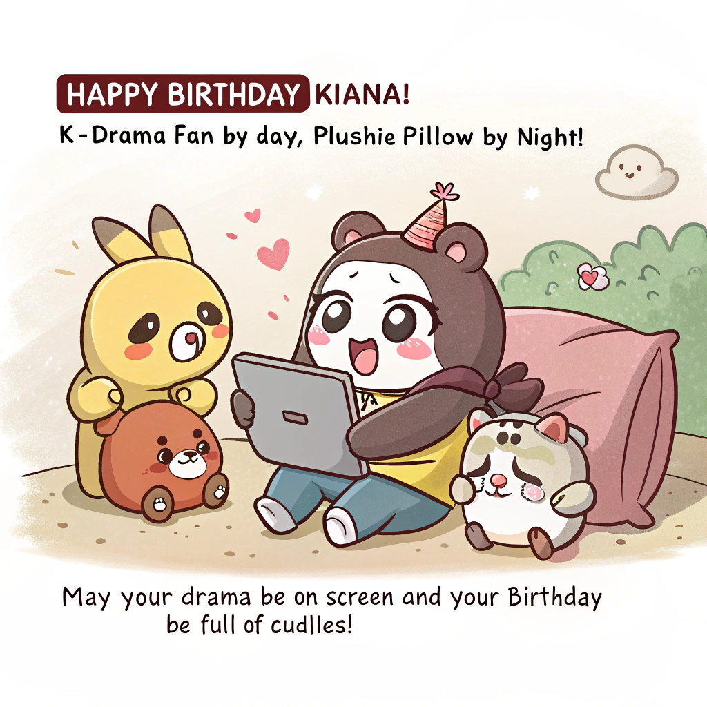 At the top of the image, "Happy Birthday Kiana! K-Drama fan by day, plushie pillow by night!"

In the center, illustrate a playful cartoon scene: a group of adorable stuffed animals gathered around an iPad, all wide-eyed with exaggerated expressions, watching a melodramatic K-Drama on YouTube. The lead stuffed animal holds a tiny remote, while another holds a tissue, clearly emotionally invested in the drama. 

Add at the bottom, "May your drama be on screen and your birthday be full of cuddles!"
Generated with these themes: K-Drama, stuffed animals, iPad, YouTube, and .
Made with ❤️ by AI.