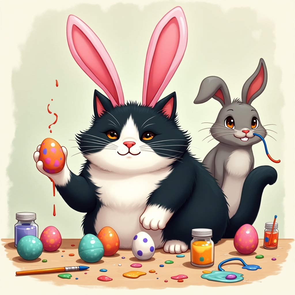 **Prompt:**  
An illustration of a chubby black and white cat wearing oversized pink bunny ears, sitting at a messy craft table. The cat is intently painting colorful Easter eggs with its paw—some eggs are expertly done, others are complete disasters, including one that’s stuck to its tail. Paint splatters dot the cat’s fur and nearby walls. A spilled paint jar and an abandoned paintbrush are nearby, and in the background, a smug-looking real bunny watches from the sidelines, sipping carrot juice from a bendy straw. Bright spring colors and cartoon-style whimsy, with exaggerated facial expressions and playful details.
Generated with these themes: Fat black and white cat wearing bunny ears and painting coloured easter eggs .
Made with ❤️ by AI.