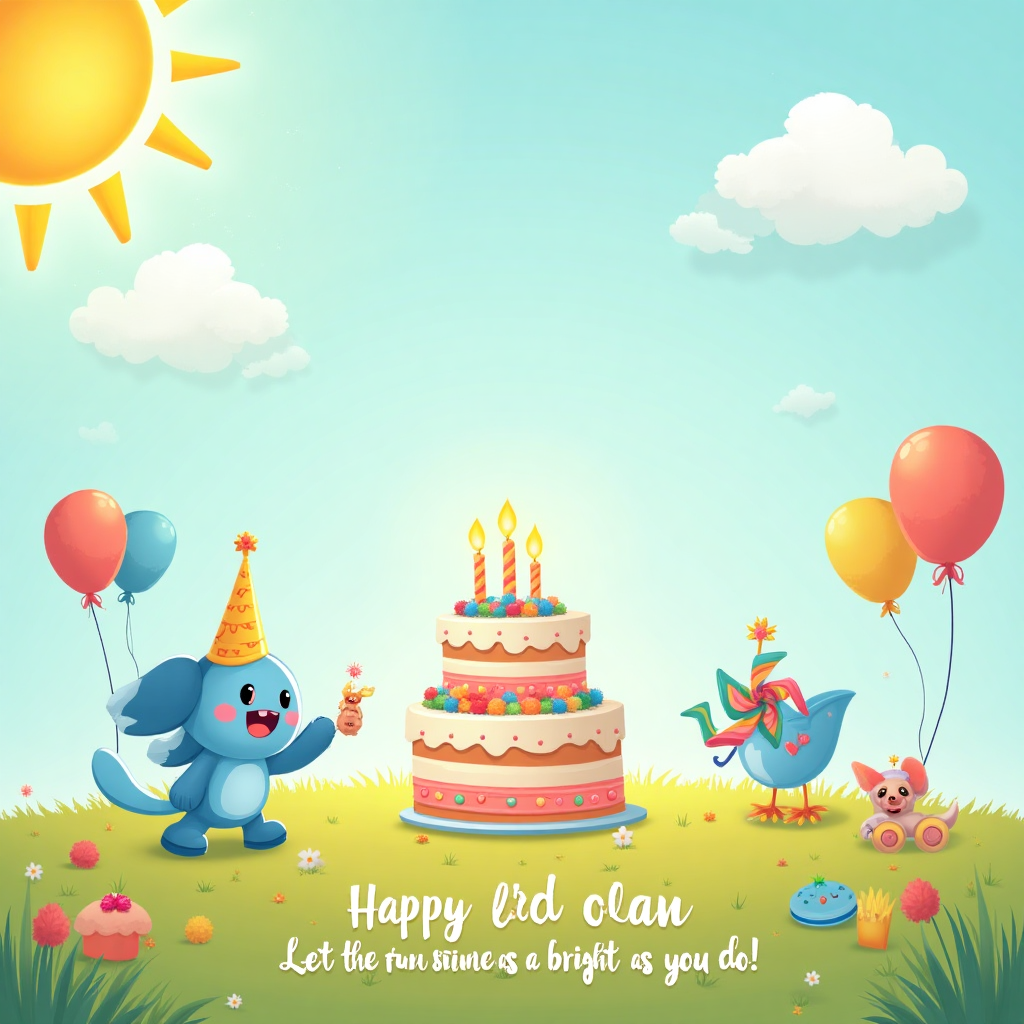 At the top of the Vector Style image, include the text: "Happy 2nd Birthday Lilah"

**Image Prompt:**

Create a delightful scene filled with joy and playfulness. Picture a charming illustration featuring a bright, cheerful sunshine casting its warm glow over a lively birthday celebration. In the foreground, a cute, cartoonish character reminiscent of Bluey is happily holding a colorful balloon in one hand and a tiny toy in the other. Around this character, a vibrant array of toys and playful objects are scattered across a soft, grassy field.

In the center, a delightful, tiered birthday cake sits proudly, decorated with whimsical designs and topped with two glowing candles. The cake's colors are a harmonious blend of pastel blues, pinks, and yellows. A gentle breeze causes the balloons and a nearby pinwheel to sway slightly, adding to the scene's lively atmosphere.

In the background, fluffy clouds drift lazily across a serene blue sky, completing the picture of a perfect day. 

Subtle text at the bottom reads, "Let the fun shine as bright as you do!" in playful, curly script.
Generated with these themes: Bluey, Cake, Fun, Toys, Sunshine, and .
Made with ❤️ by AI.