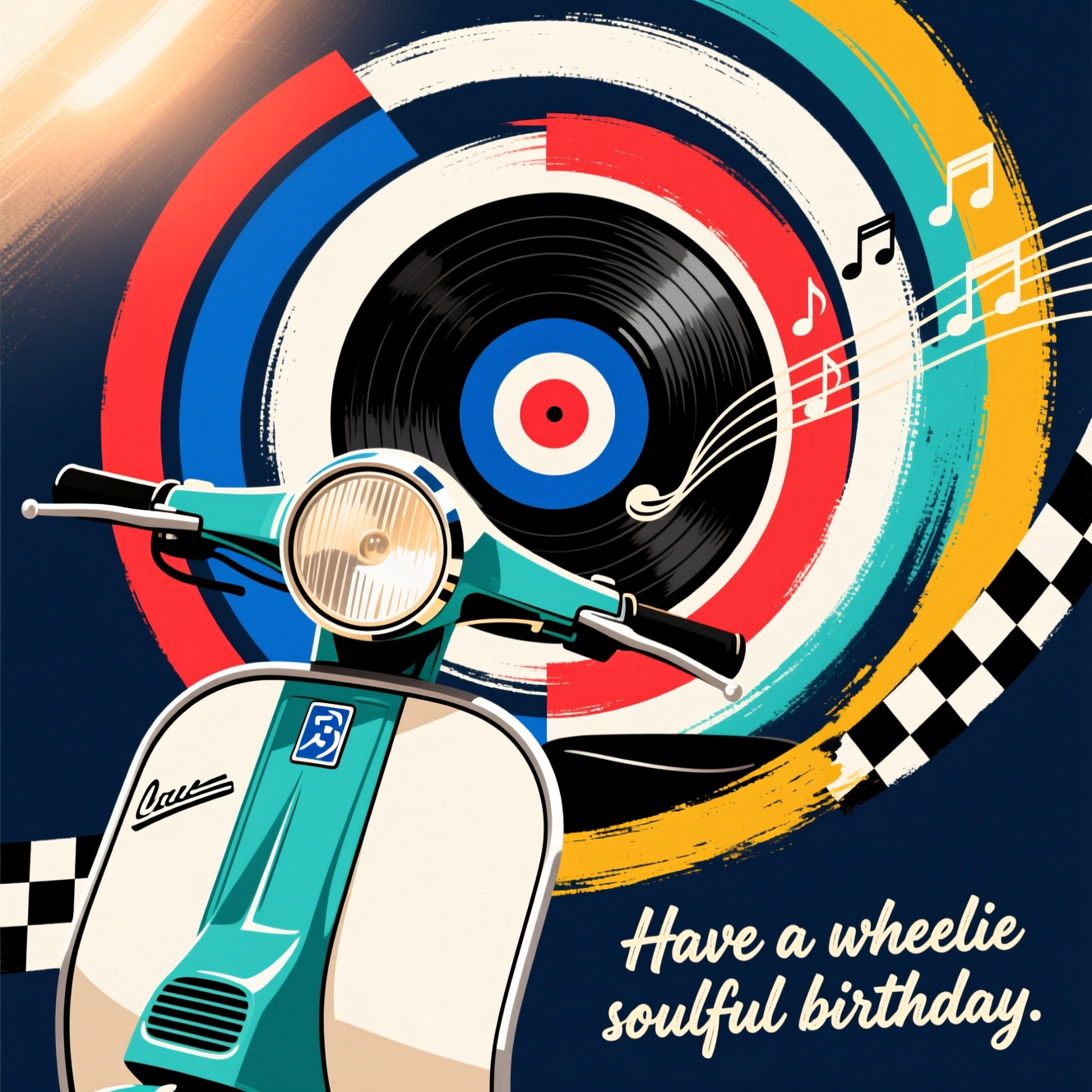 Bold abstract 1960s mod-soul scene in portrait orientation: a vintage scooter implied through interlocking geometric circles and sweeping curves. The headlamp is a radiant RAF roundel that doubles as a spinning vinyl record, with concentric grooves spiraling into fluid staff lines and minimal musical notes. A diagonal sense of motion from lower-left to upper-right: layered circles, stripes, and a subtle checker band hinting at tailored mod style. High-contrast palette of electric blue, lipstick red, chalk white, deep black, with pops of mustard and mint on a midnight-navy background. Dynamic brush-stroke textures and dry-brush edges over crisp vector shapes; soft warm glow from upper-left, subtle paper grain, and gentle shadow layering for depth. Sincere, warm energy—no characters, no clutter, no photorealism. Small caption integrated at the bottom-right in hand-lettered cream ink with slight brush texture: “Have a wheelie soulful birthday.”
Generated with these themes: Scooters, Mod, Soul music, 1960s, and .
Made with ❤️ by AI.
