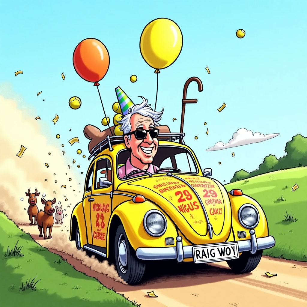 **At the top of the cartoon image:**  
**"Nicklas Hits 60 in Style—Beetle-ing Into Senior Moments!"**

**Prompt for the image:**  
A bright, cartoon-style scene featuring a classic yellow VW Beetle zipping along a sunny countryside road, but with some hilarious senior-citizen modifications: the car is covered in bumper stickers like "Still Groovin’ at 60!" and "Slow Down for Cake!" Nicklas, a jolly older man with sunglasses and a party hat, is driving with wild gray hair blowing in the wind and a huge birthday balloon tied to the car antenna. A walking cane and tennis balls are humorously strapped to the car's roof like sporty extras. A small group of farm animals by the road look shocked and impressed. Confetti fills the air as the Beetle kicks up dust in a burst of silly, energetic celebration.
Generated with these themes: Yellow vw beetle, and 60.
Made with ❤️ by AI.