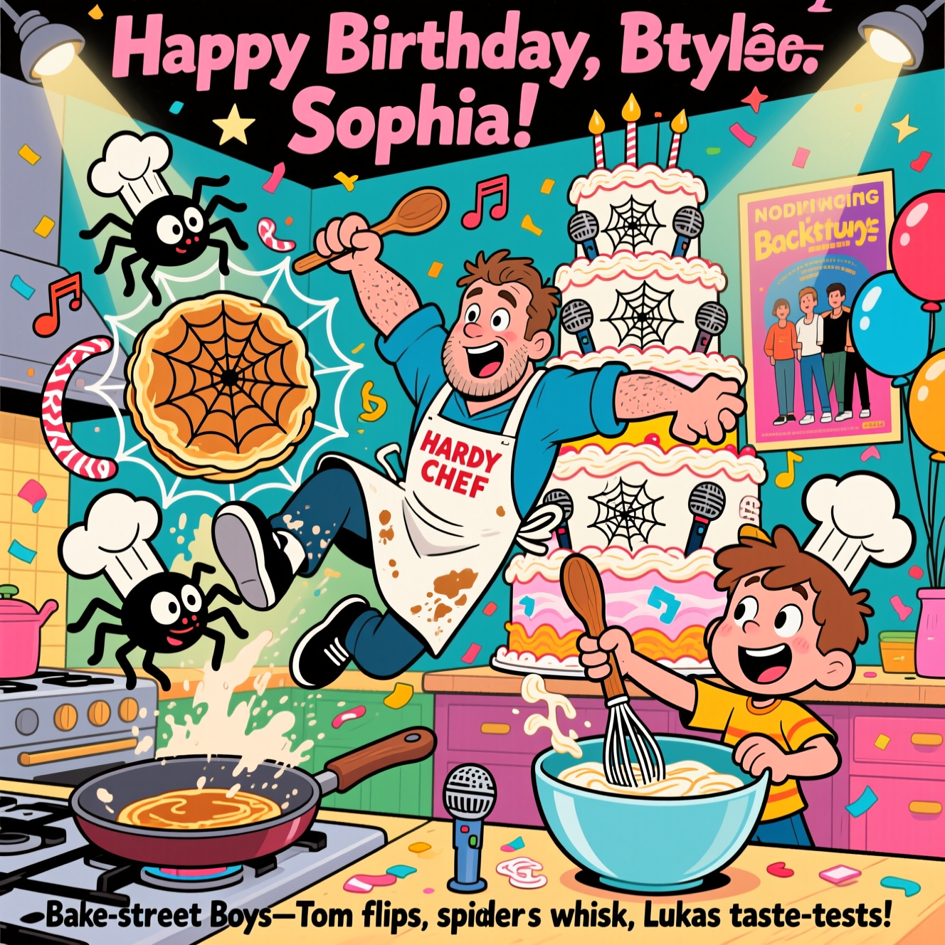 At the top of the Cartoon Style image, "Happy Birthday, Sophia!"

At the bottom of the image, "Bake-street Boys—Tom flips, spiders whisk, Lukas taste-tests!"

- Center scene: A zany, colorful kitchen bursting with motion. Cartoon Tom Hardy (rugged jaw, light stubble) in a flour-dusted "HARDY CHEF" apron mid-flip, launching a giant spiderweb-shaped pancake into a sizzling pan. Cute, wide-eyed spiders in tiny chef hats whip frosting, spin sugar-web streamers shaped like music notes, and wield wooden spoons like microphones. Lukas, a cheerful kid, sings into a whisk while stirring a huge mixing bowl, hitting a boy-band pose.
- Background: A towering birthday cake iced with little microphones and web patterns; a playful retro poster nodding to the Backstreet Boys (no logos), confetti, balloons, and starry spotlight beams.
- Style: Playful cartoon, exaggerated proportions, thick black outlines, bright saturated colors, energetic poses, motion lines, and big expressive faces.
Generated with these themes: Tom hardy, cooking, spiders, Her son Lukas, Backstreet Boys , and .
Made with ❤️ by AI.