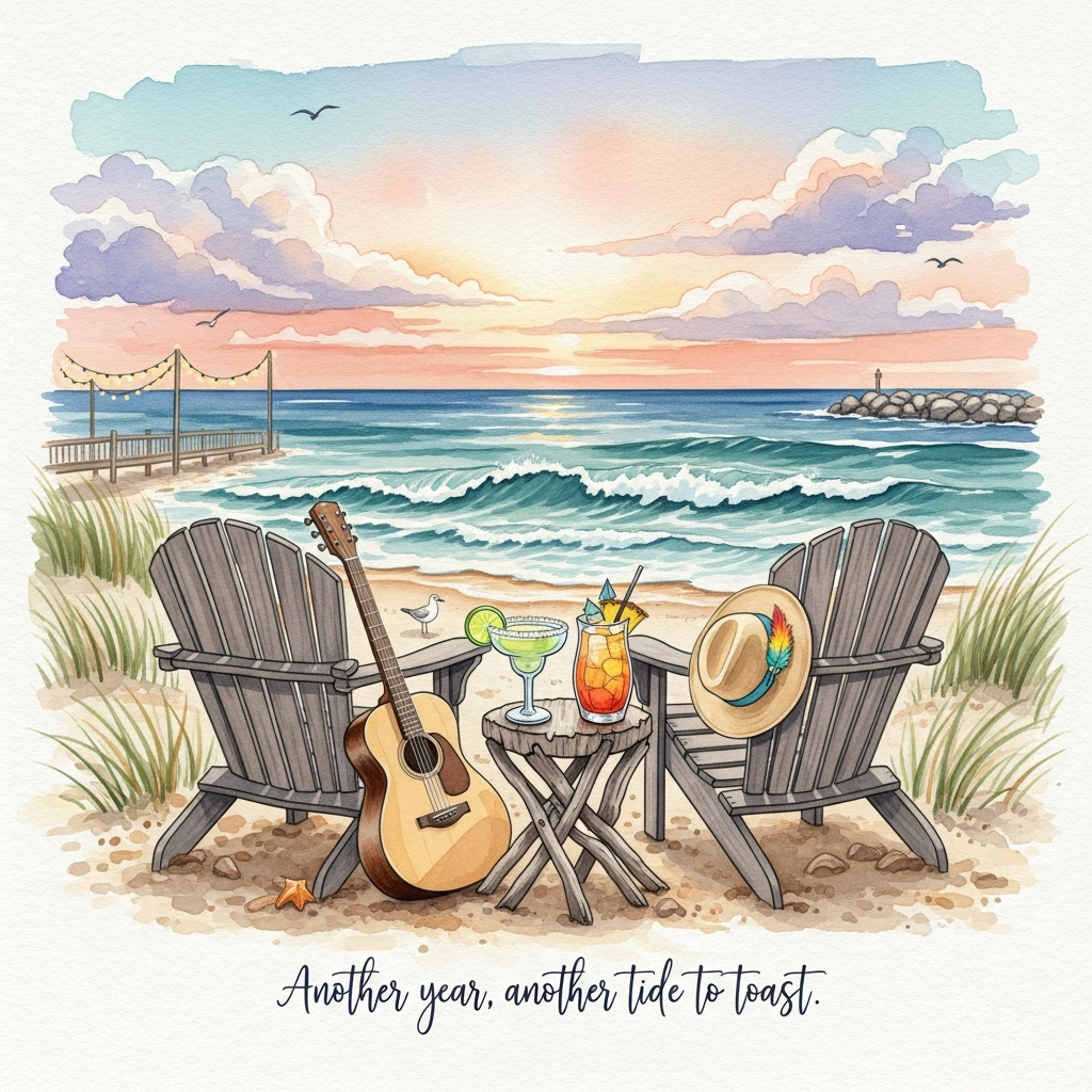 Watercolor, full-bleed vertical scene with soft washes, delicate gradients, subtle pigment blooms, and natural cold-press paper texture. Sincere golden-hour Hampton Beach vibe: gentle Atlantic waves in sea-glass blues, peach-lavender sky with wispy clouds, dune grass in muted greens, a granite jetty hinted at the right. Foreground: two weathered Adirondack chairs facing the ocean; between them a small driftwood table holding a salt-rim margarita with a lime wedge and a tall rum punch with pineapple—condensation suggested with negative-space highlights. Leaning on one chair: an acoustic guitar; on the arm, a straw Panama hat with a tiny teal parrot feather (a subtle nod to Jimmy Buffett). Distant boardwalk shapes and soft string lights rendered as loose, glowing marks; a couple of seabirds sketched with minimal brushstrokes. Techniques: wet-on-wet sky, soft-edged wave foam, dry-brush sparkle on water, gentle blooms around light sources, no hard outlines. Palette: aquas/teals, sandy beige, warm coral/gold accents, muted indigo shadows. Mood: warm, heartfelt, easy ocean joy.

Small text on image (one line), hand-painted brush script at bottom center in muted indigo:
“Another year, another tide to toast.”
Generated with these themes: Jimmy buffett, Hampton beach, ocean, drinks, , and .
Made with ❤️ by AI.