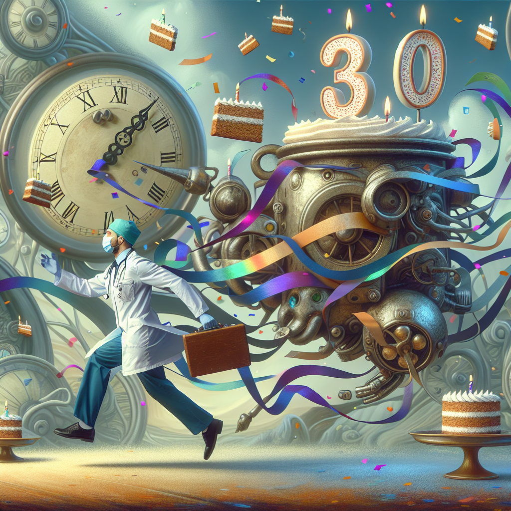 Imagine a peculiar celebratory scene. The ambiance is distinctively festive with a 30th birthday undertone. A medical professional of Hispanic descent gracefully maneuvers through a landscape full of warped timepieces and airborne segments of cake, echoing characteristics of a Surrealist dreamscape. This individual is chased by an antique robotic entity covered in colorful ribbons. Background imagery comprises mysterious symbols forming the number '30', embodying the unique and timeless nature of a time-traveling protagonist within the birthday theme. Parties lights sparkle off the robot's metallic surface, instilling the image with a curious mix of jubilation and apprehension.
Generated with these themes: Dr Who, Old Dalek , and 30th Birthday.
Made with ❤️ by AI.