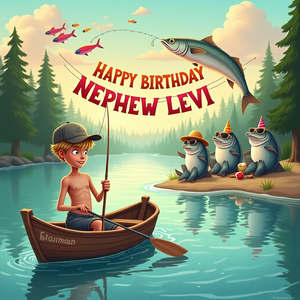 The scene unfolds on a sun-dappled, placid lake, where the morning mist is still lazily swirling over the water. In the foreground, a lanky teenager with a mop of sandy hair, wearing a vintage baseball cap askew, stands in a small wooden rowboat. The boat is delightfully named "Leviathan" and you can just make out the faded, hand-painted letters on its side. In the teenager's hands is a comically oversized fishing rod, its tip arching dramatically under the weight of an enormous herring that has improbably leapt out of the water, its silvery scales catching the morning sunlight like a cascade of glitter. 

On the lake's shore, the rest of the story comes to life: a cheerful gathering of mackerel, each one wearing different funny hats and sunglasses, appears to be having a picnic. One mackerel wears a straw boater with a stripe of neon pink, another sports aviator sunglasses perched on its nose, while a third flaunts a tiny party hat. Above the picnic, strung between two tall trees, a colorful banner flutters in the gentle breeze. It reads, in bright, celebratory letters, "Happy Birthday Nephew Levi!" The letters are fashioned from various fishing lures, each one contributing a pop of color and sparkle. 

The backdrop of this scene is a serene forest, with lush, towering pines stretching towards a sky painted in hues of sunrise orange and soft pink. Above, a few whimsical clouds shaped like fish drift lazily, as if swimming across the sky, adding to the playful charm of the birthday adventure. This comical and vibrant scene captures the joy and surprise of a birthday on the lake, ensuring a delightful card for Nephew Levi.
Generated with these themes: Angler , Herring/mackerel , and Teenager.
Made with ❤️ by AI.
