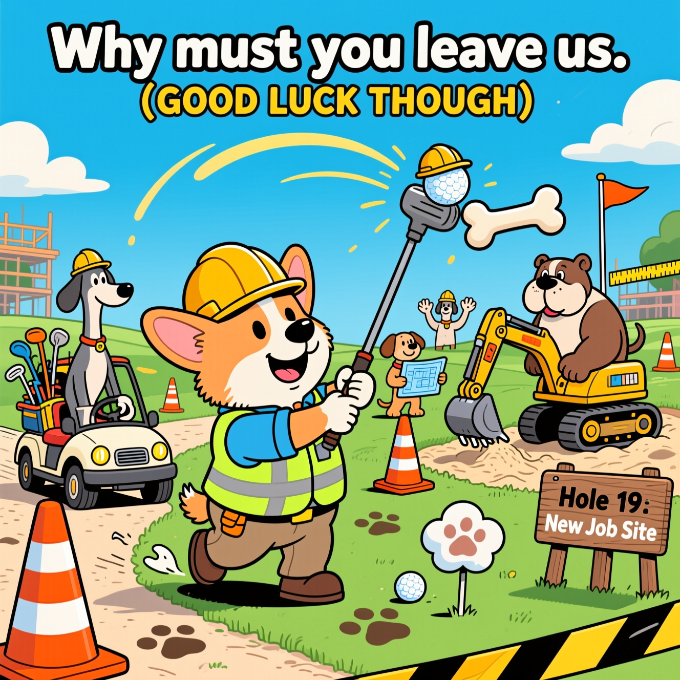 At the top of the Cartoon Style image, Why must you leave us. (GOOD LUCK THOUGH)

Playful cartoon scene with exaggerated proportions, thick outlines, bright saturated colors, and whimsical, energetic poses. A sunny golf course has been hilariously turned into a construction site run by dogs. Foreground: a corgi foreman in a neon safety vest and comically oversized hard hat mid-swing with a giant driver that doubles as a jackhammer, launching a golf ball wearing a tiny hard hat; big whooshy motion lines arc the ball toward the sky. To the right, a stout bulldog operates a mini excavator shaped like a bone, scooping a sand bunker; to the left, a lanky greyhound in a golf cart retrofitted with hazard lights, piled with clubs and tools, zooms off while waving goodbye with a goofy grin and wagging tail. Other pups in the midground wave, hold rolled blueprints, and set orange cones.

Visual gags: traffic cones as giant golf tees, caution tape loosely circling the green, a flagstick that looks like a measuring pole, paw-print divots on the fairway, a fluffy cloud subtly shaped like a paw. On a wooden site sign by the path, a single short line reads: "Hole 19: New Job Site". Punchy lime greens, sky blues, safety orange, and sunshine yellow; thick black outlines and bold cel shading. Dynamic, low-angle wide shot packed with energy and warmth, funny and celebratory.
Generated with these themes: Golf Construction Dog, and .
Made with ❤️ by AI.