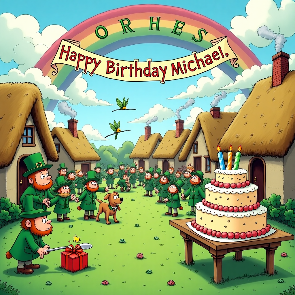 Picture a bustling and whimsical Irish village square where the grass is as lush as a green velvet carpet, dotted with shamrocks gleaming like emerald stars. At the heart of this village is a lively birthday festival in full swing, reminiscent of the joyful chaos found in a Bill Watterson cartoon. In the foreground, an enormous birthday cake sits on a large wooden table, its tiers topped with candles flickering like tiny fairy lights. The cake is adorned with frosted letters that spell out "Happy Birthday Michael," each letter a different color, looking like rainbow sprinkles. 

Around the cake, there’s a lively scene of jovial leprechauns, each wearing a classic green suit and a tall hat, inspired by the comic exuberance of Gary Larson's characters. One leprechaun is using a gigantic spoon to serve cake to a line of excited children, their wide eyes reflecting the sweet treat they eagerly await. To the left, a small Irish wolfhound puppy is playfully tugging on a piece of red ribbon, attached to an oversized gift box that's almost as big as he is.

In the background, quaint thatched-roof cottages with smoke curling from their chimneys frame the scene. Above, a cheerful rainbow arcs across the sky, and nestled among the fluffy clouds are the shapes of letters spelling out "Michael," the clouds artistically swirling in a manner reminiscent of Hergé’s detailed yet clean backgrounds.

Adding to the whimsy, a pint-sized marching band of fairies flies overhead, their wings shimmering like stained glass in the sun. They play tiny instruments—tin whistles and fiddles—that seem to make the surrounding shamrocks dance to the tune. Completing the scene are birds carrying a "Happy Birthday Michael" banner, flying as if choreographed by Walt Disney himself, their wings beating in perfect harmony to the rhythm of the celebrations below.
Generated with these themes: Irish.
Made with ❤️ by AI.