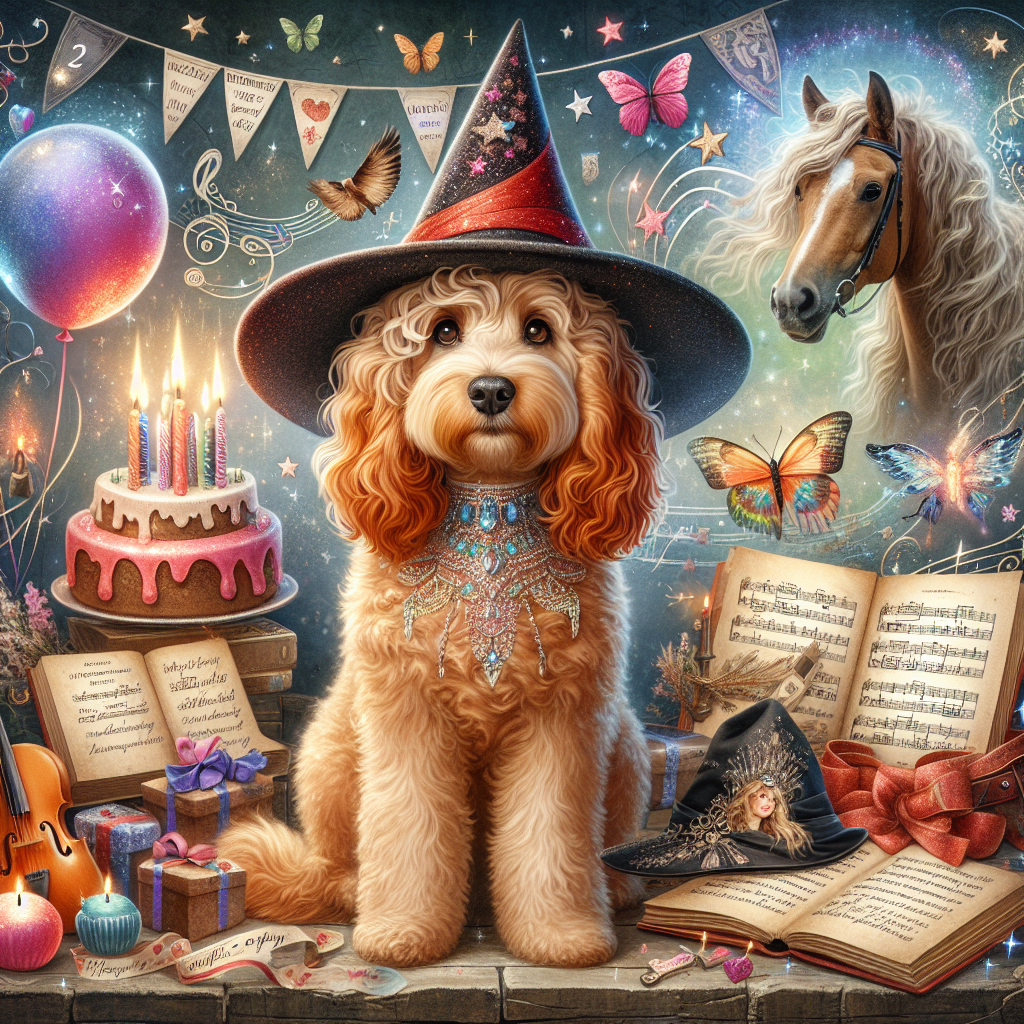 A festive birthday atmosphere is present with a red-coated cavapoo and a blonde, curly-haired female child as the centerpiece. The magical aura of the celebration is enhanced by elements from fantasy novels, typified by spellbooks, and a sorceress's hat. In the background, peaceful horses are part of the scene, vibrating with the enchanting theme. Music notes and subtle markings of a popular contemporary female singer-songwriter are scattered throughout, as though her songs form the background score. The young girl's outfit and accessories showcase influences from a universe of magic and wizards, adding a highly personalized touch to the detail-rich scene.
Generated with these themes: Ginger cavapoo, Girl with blonde curly hair, Birthday, Harry potter, Horses, and Taylor swift.
Made with ❤️ by AI.