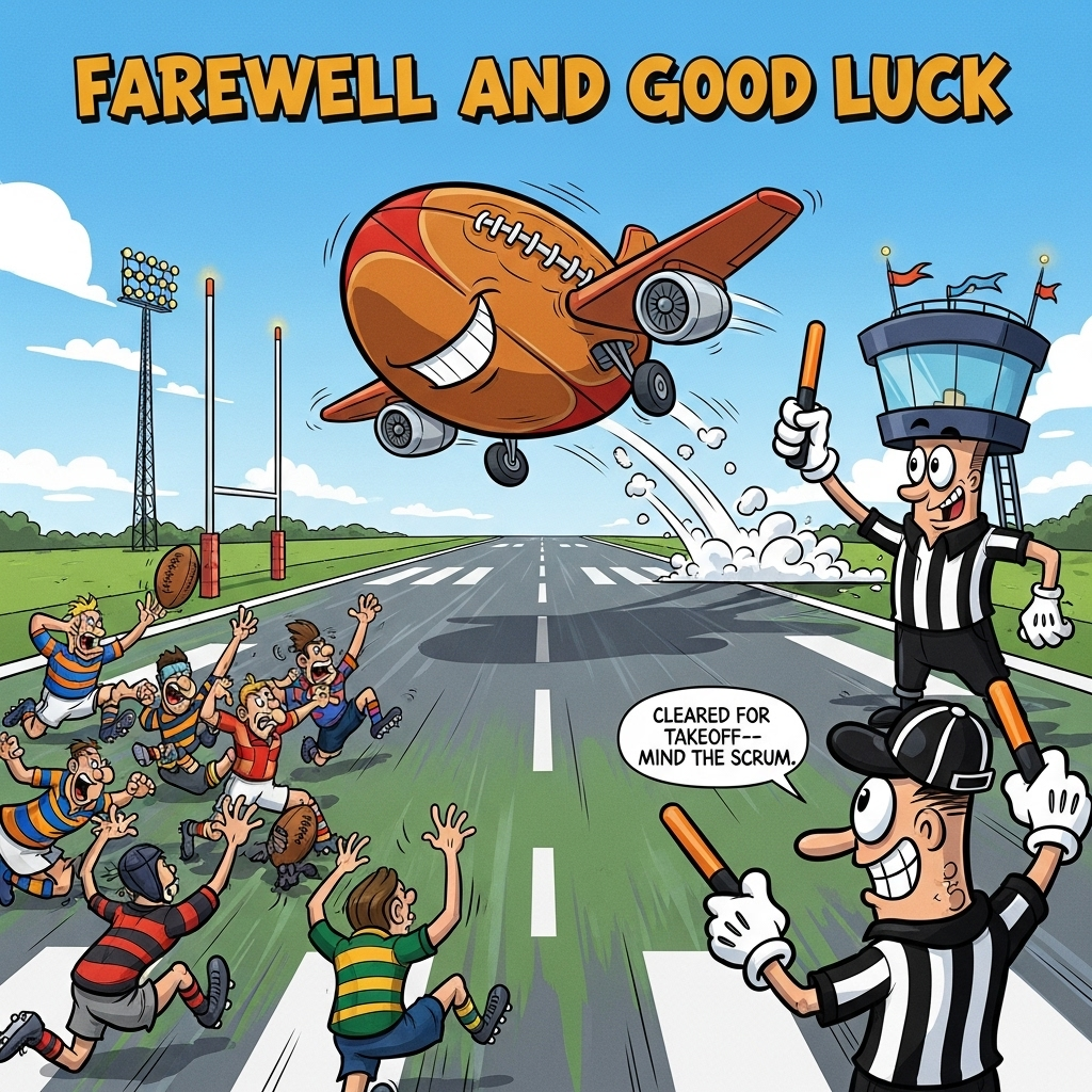At the top of the Cartoon Style image, Farewell and good luck

Create a playful, funny, high-energy cartoon scene mashing up air traffic control and rugby. Wide, dynamic, low-angle shot of a brightly lit runway that doubles as a lush green rugby pitch: crisp white pitch lines blend into runway markings, and massive rugby goalposts at the far end twinkle with tiny aviation lights. In the center, a huge, grinning rugby-ball airplane (oval brown with laces, stubby wings, little wheel “cleats”) is lifting off at a zany angle, trailing swooshy motion lines and puffs of cartoon cloud.

To the right, an anthropomorphic air traffic control tower wearing a black-and-white referee shirt has big expressive eyes and chunky gloved hands waving bright orange marshalling batons. The tower leans in with a cheeky grin, full of personality. On the left, a squad of colorful rugby players in exaggerated kits (bold stripes, scrum caps, chunky boots) sprint, dive, and tumble in mid-air, trying to “tackle” the taking-off ball-plane—over-the-top poses, flailing limbs, goofy faces.

Add one small speech bubble from the control tower that says: “Cleared for takeoff—mind the scrum!”

Style: Playful cartoon with exaggerated proportions, thick black outlines, saturated colors (sunny sky blues, punchy greens, bright oranges, yellows, and reds), bold cel shading, energetic poses, and comic motion lines. Keep the top area clear so the title stands out in big bouncy lettering with a chunky outline and a bright drop shadow. No other text or logos.
Generated with these themes: Air traffic control, Rugby, and .
Made with ❤️ by AI.