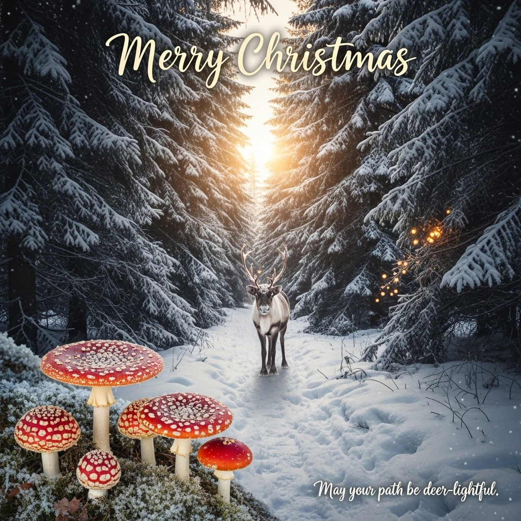Amanita muscaria mushrooms, Christmas tree forest, reindeer, a pathway, and Christmas Card