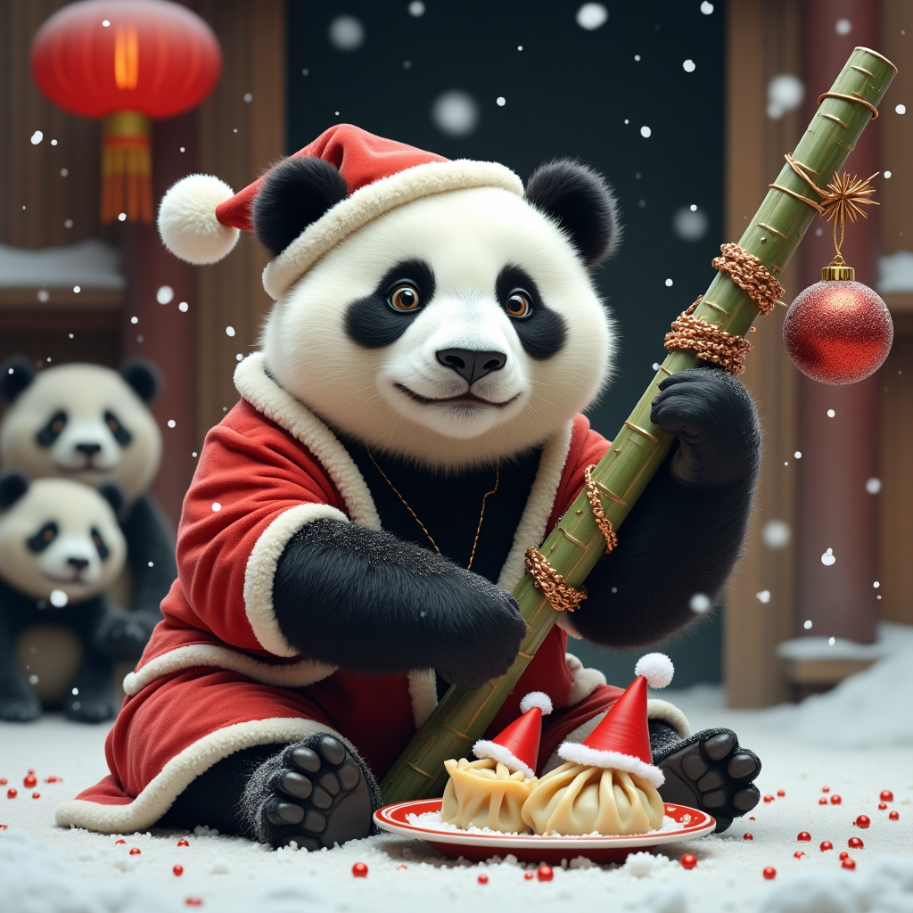 **Image Prompt:**

A realistic photograph of a chubby panda sitting in a traditional Chinese village blanketed in snow, wearing a slightly-too-small Santa suit with the hat slipping over one eye. The panda is hilariously attempting to decorate a bamboo tree with Christmas ornaments, looking confused as tinsel keeps tangling around its paws and ears. In the background, a red Chinese lantern has been accidentally swapped with a glittery Christmas bauble. A dumpling plate sits beside the panda, half-eaten, with one dumpling humorously wearing a tiny Santa hat. Snowflakes fall gently as two other pandas peek from a doorway, clearly amused.
Generated with these themes: panda in china.
Made with ❤️ by AI.